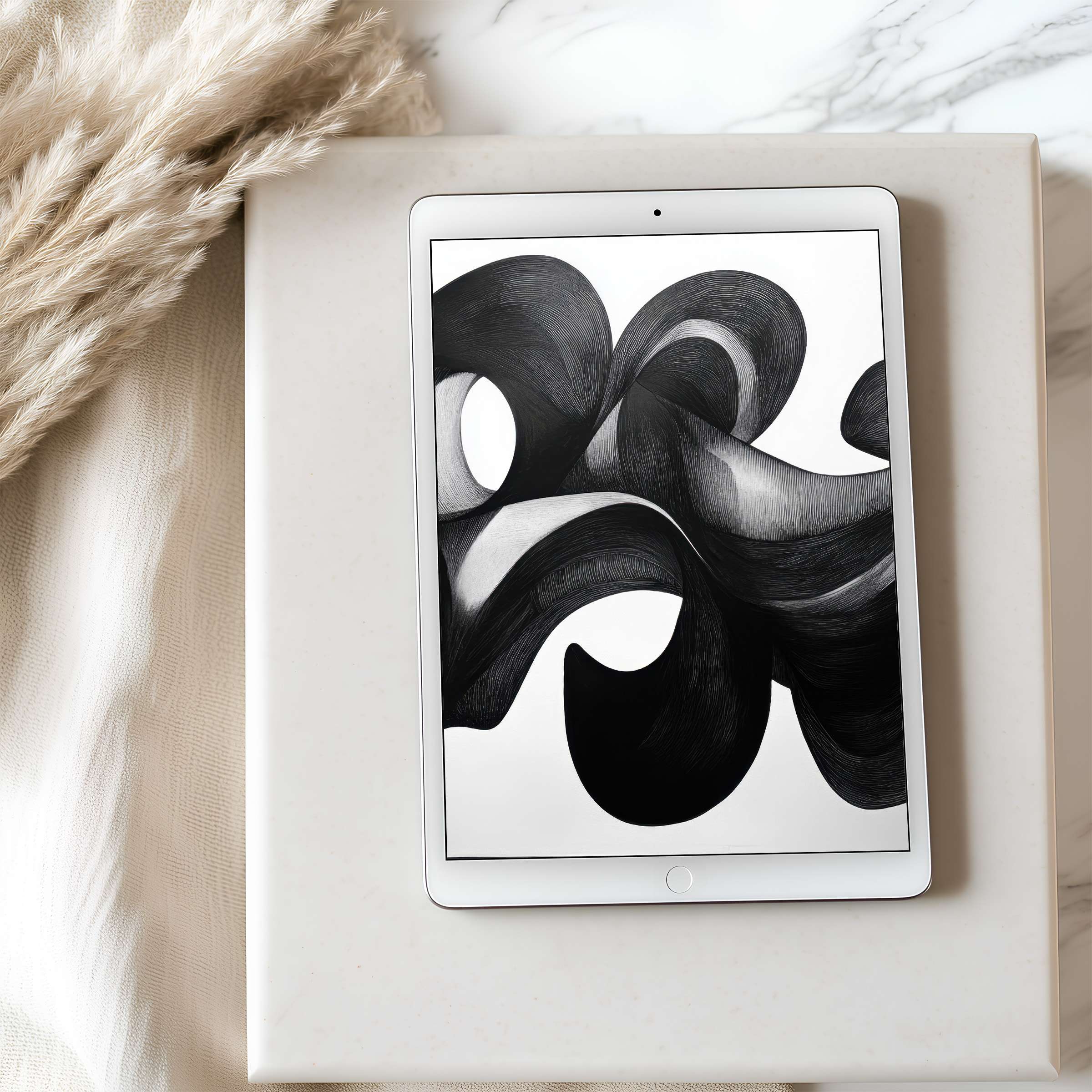 Elegant black and white abstract art tablet wallpaper on iPad against a serene, neutral interior, perfect high resolution digital download