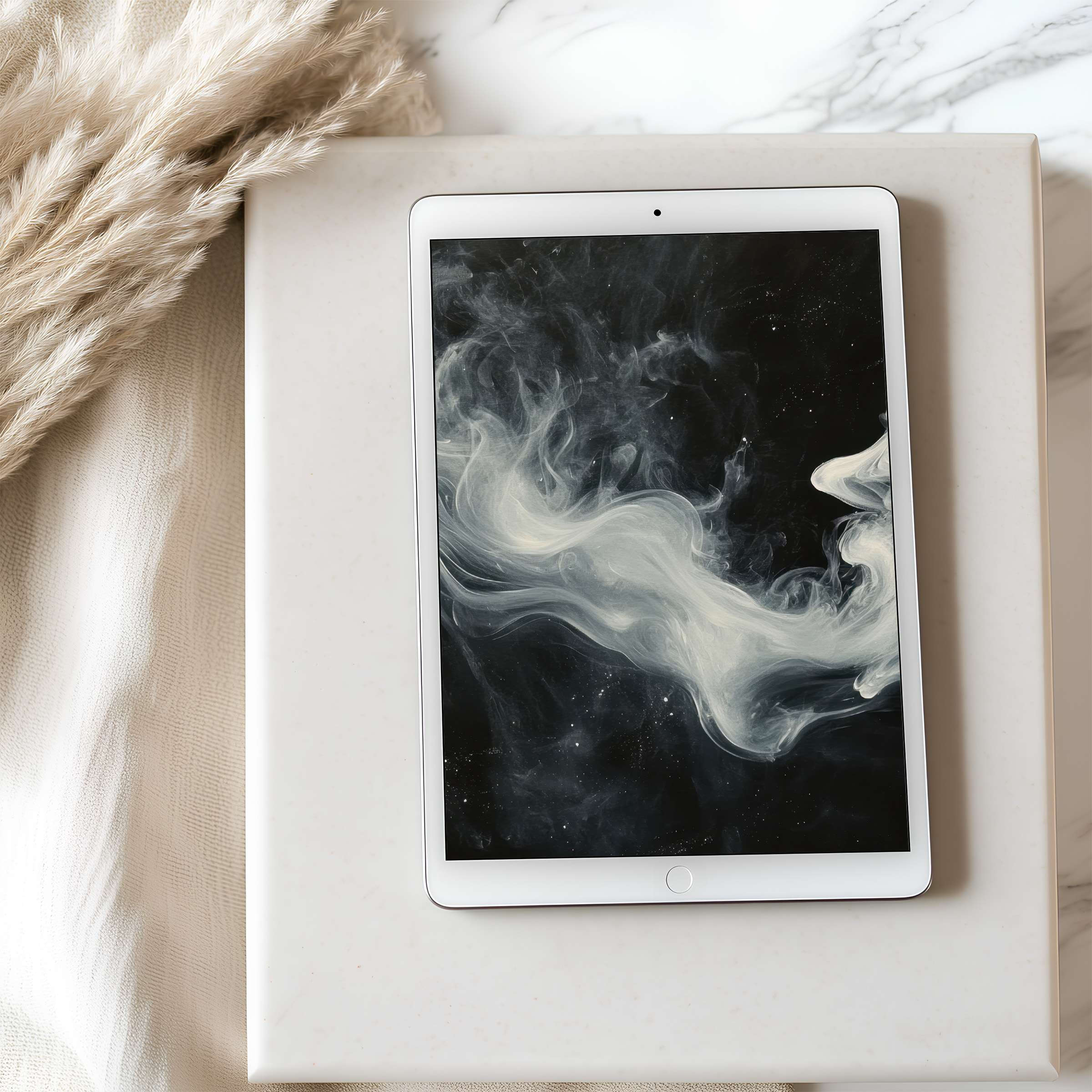 Elegant tablet wallpaper featuring serene, swirling monochrome waves, perfect for high resolution iPad or Android digital download
