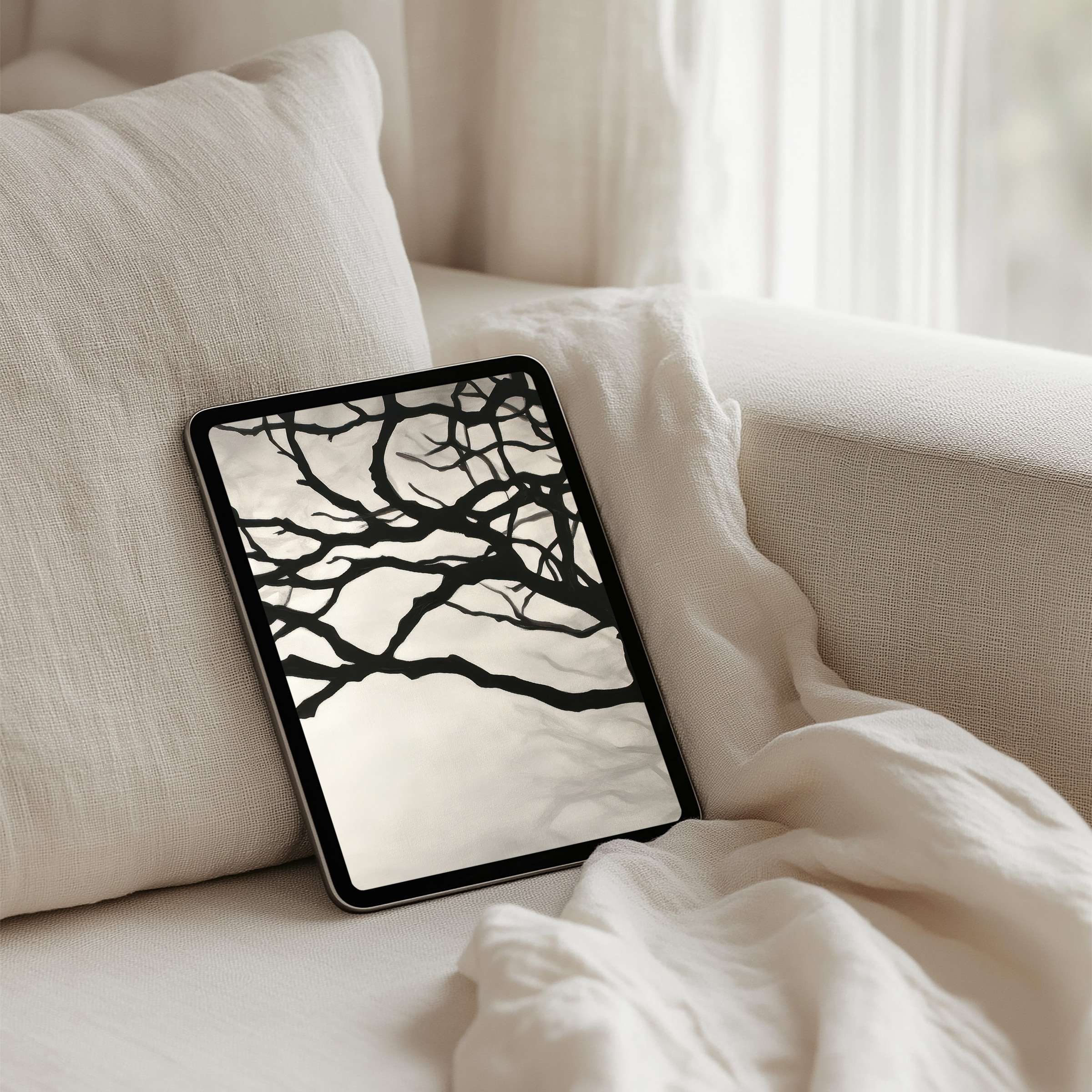 Elegant iPad background featuring silhouetted branches offers calm inspiration for tablet screens instant download for digital art lovers