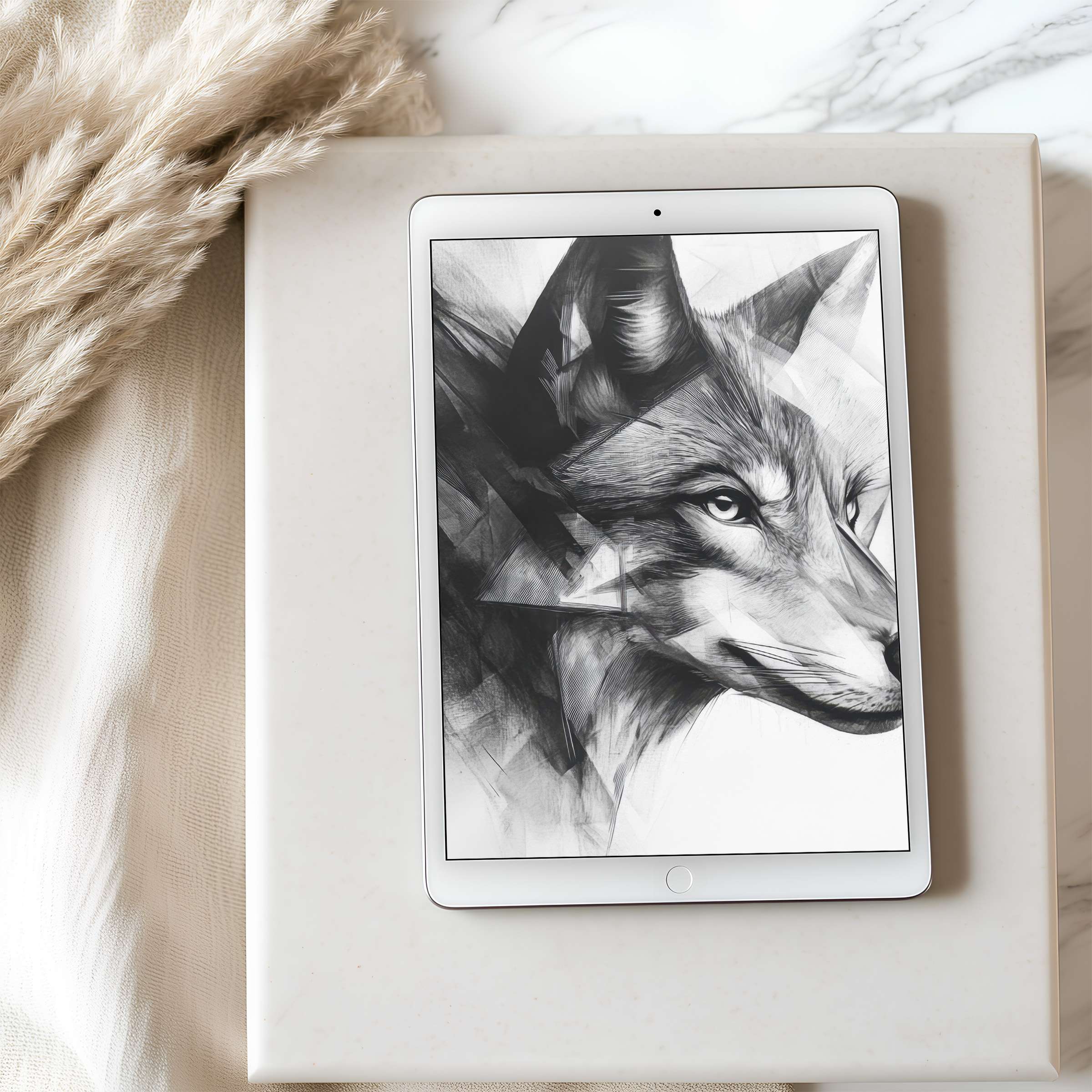 Elegant black and white fox illustration transforms a tablet wallpaper into a calming home decor essential suitable for iPad download