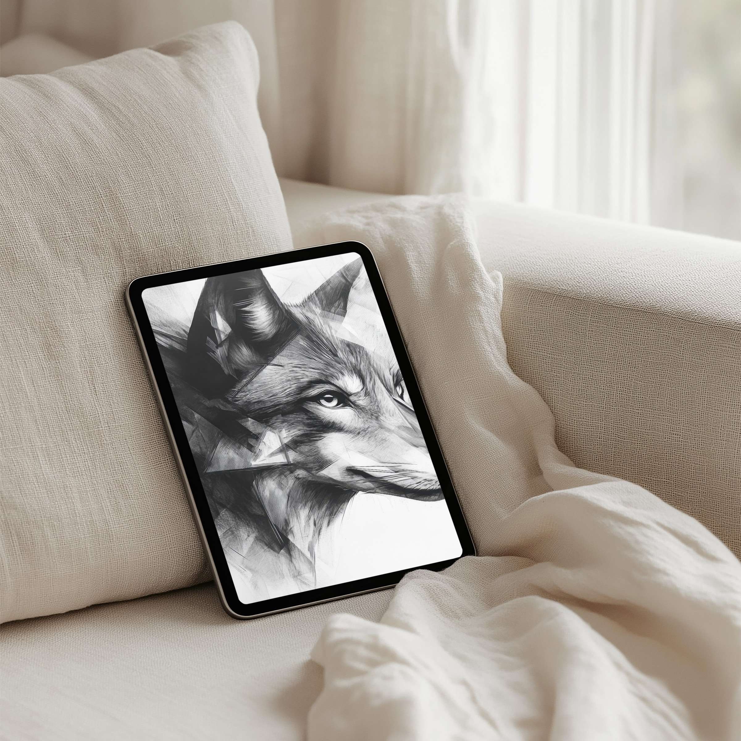 Elegant black and white fox sketch iPad background offers instant download for tablet users seeking mindfulness and aesthetic calm