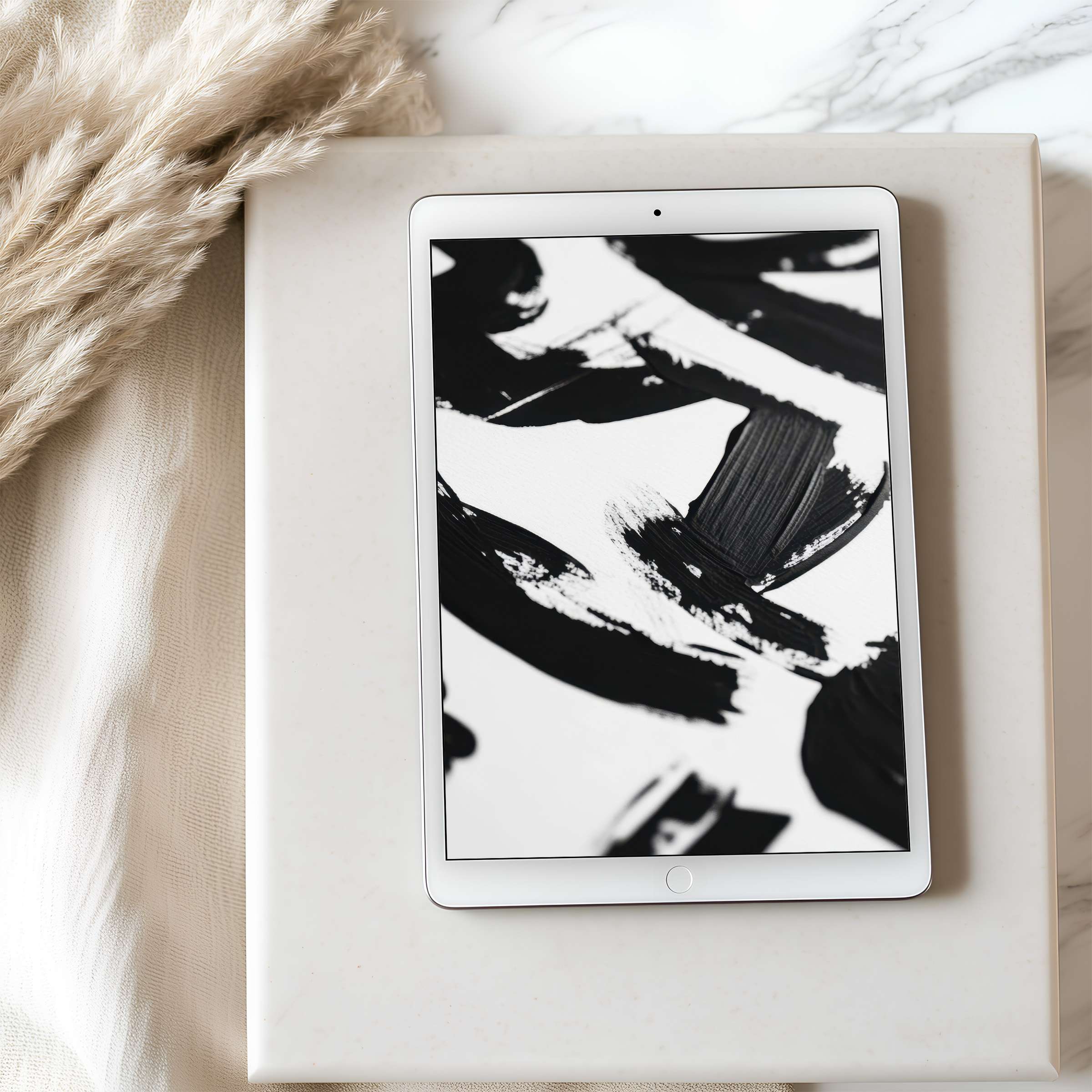 Black and white abstract strokes create a calm, elegant tablet wallpaper for iPad, offering high-resolution digital download suitability