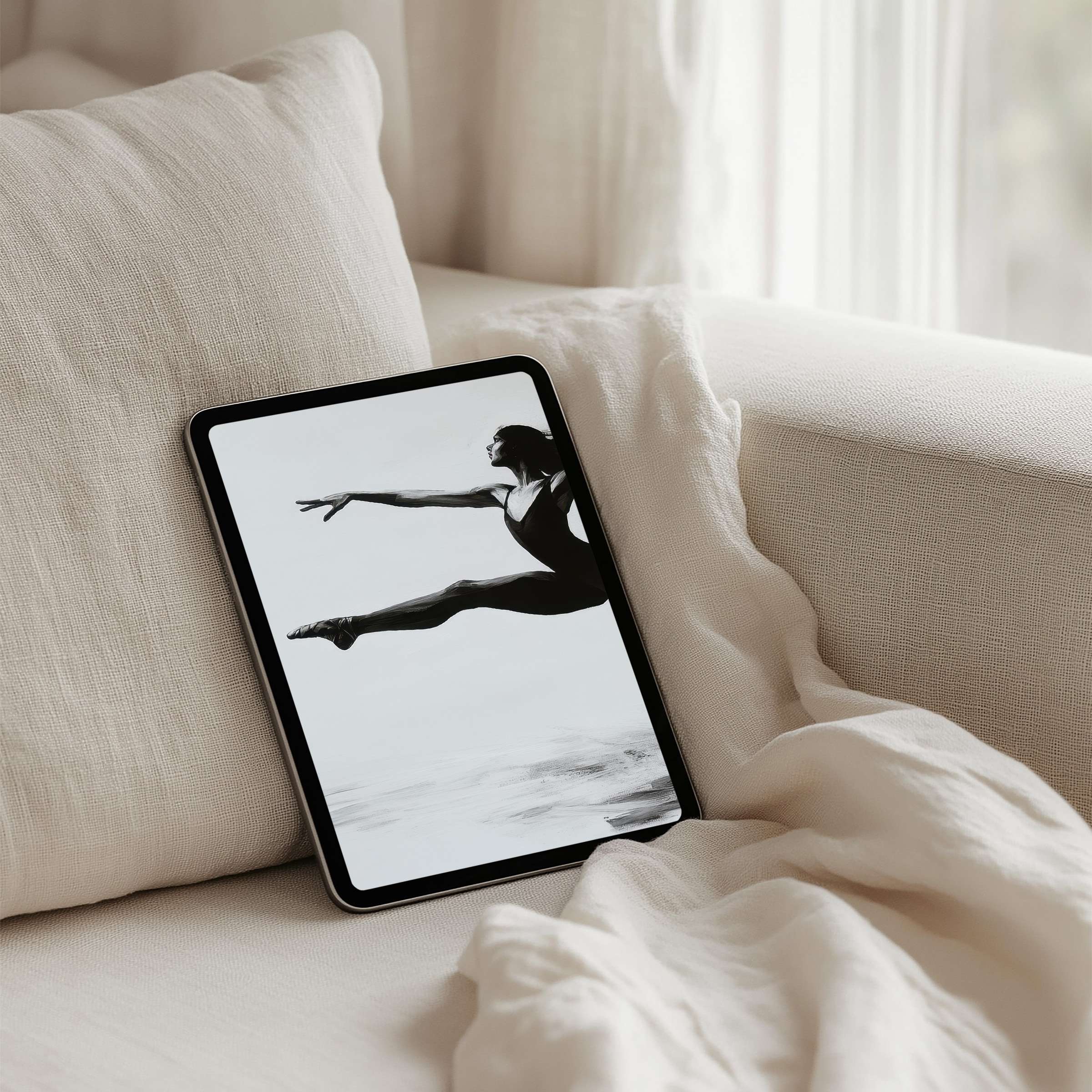 Elegant ballet silhouette iPad background on a cozy sofa offers instant download for mindfulness on any tablet device