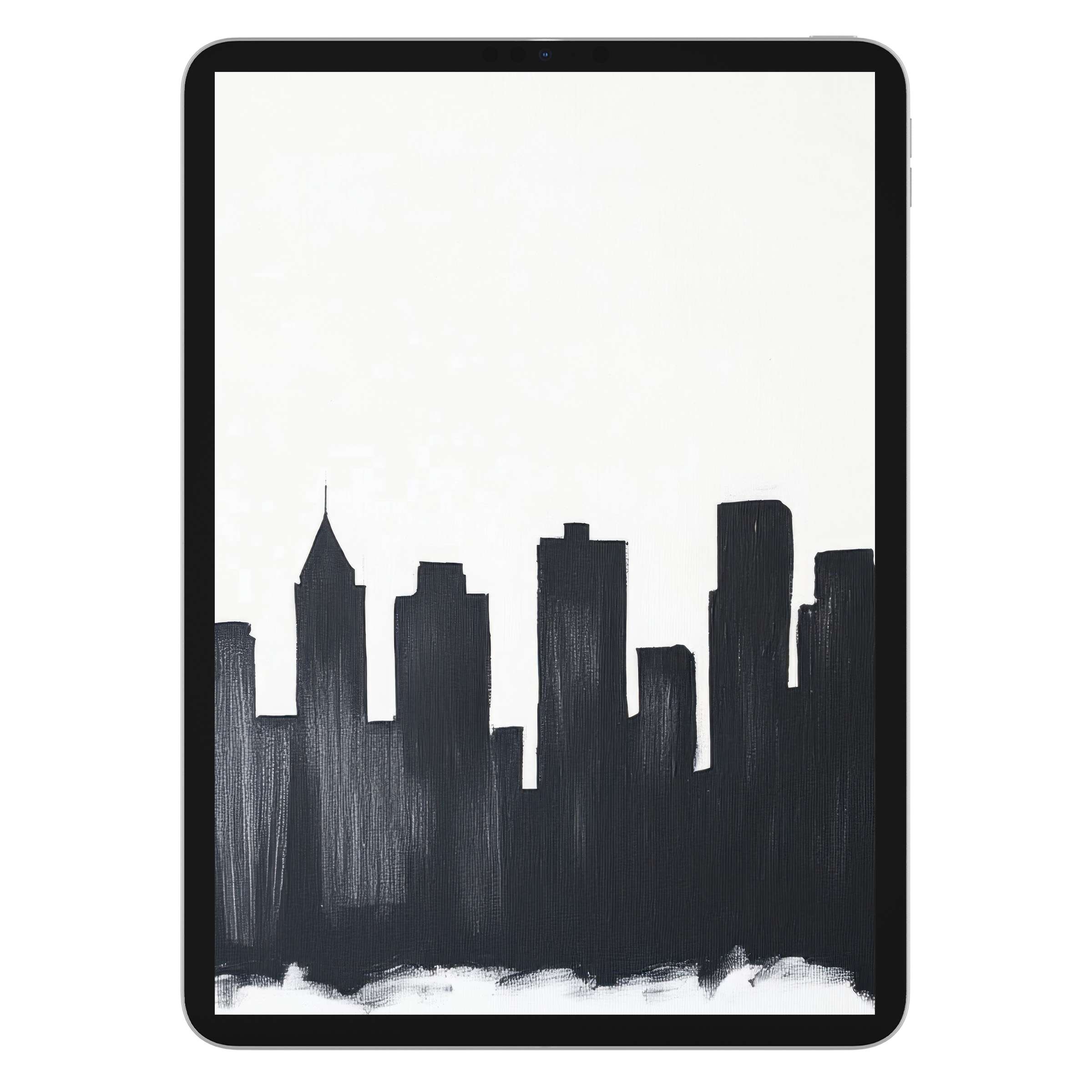 Elegant black and white iPad wallpaper featuring a minimalist city skyline, ideal digital download for tablet background elegance
