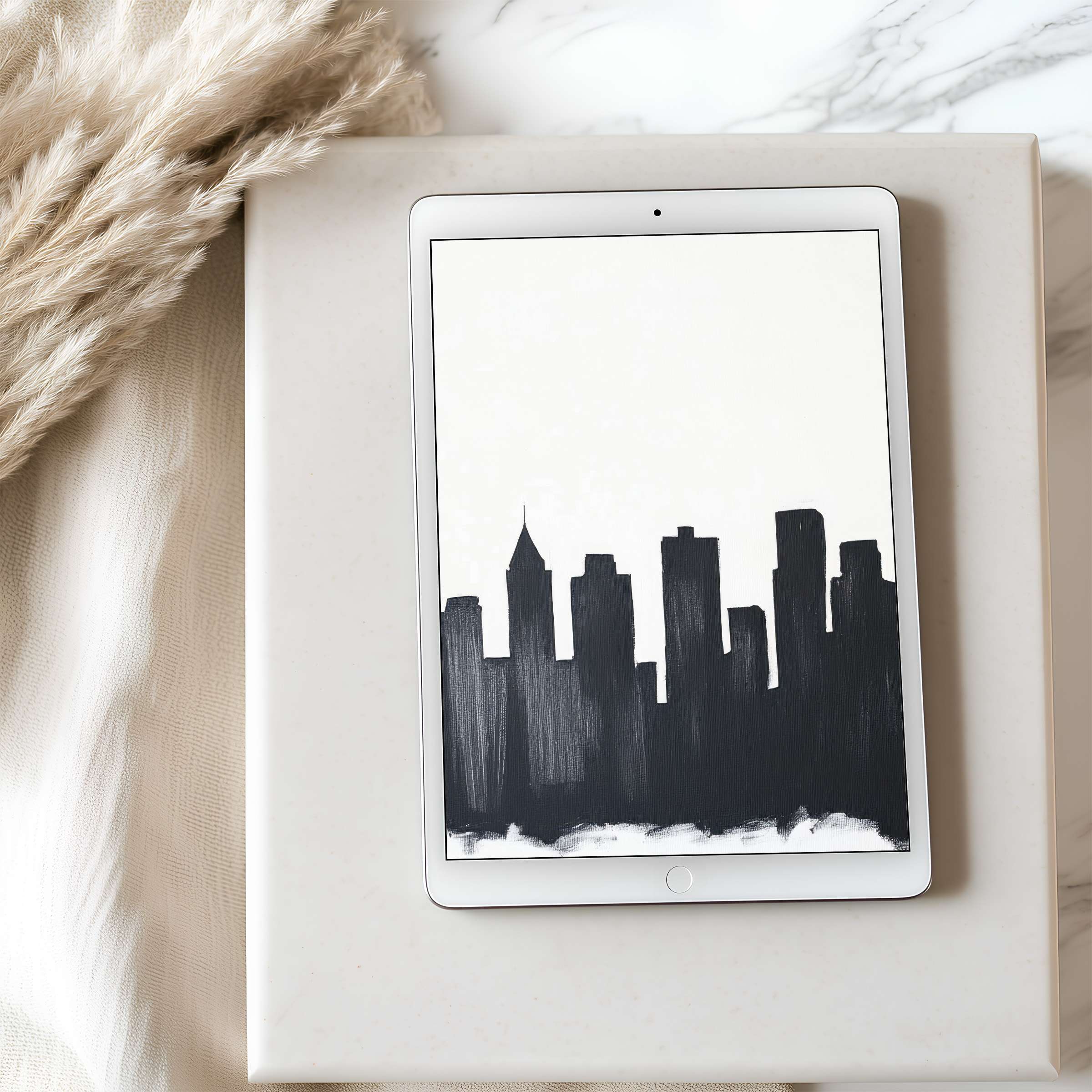 Elegant black-and-white skyline tablet wallpaper, perfect for iPad and Android tablets, offering a calm, curated digital download experience