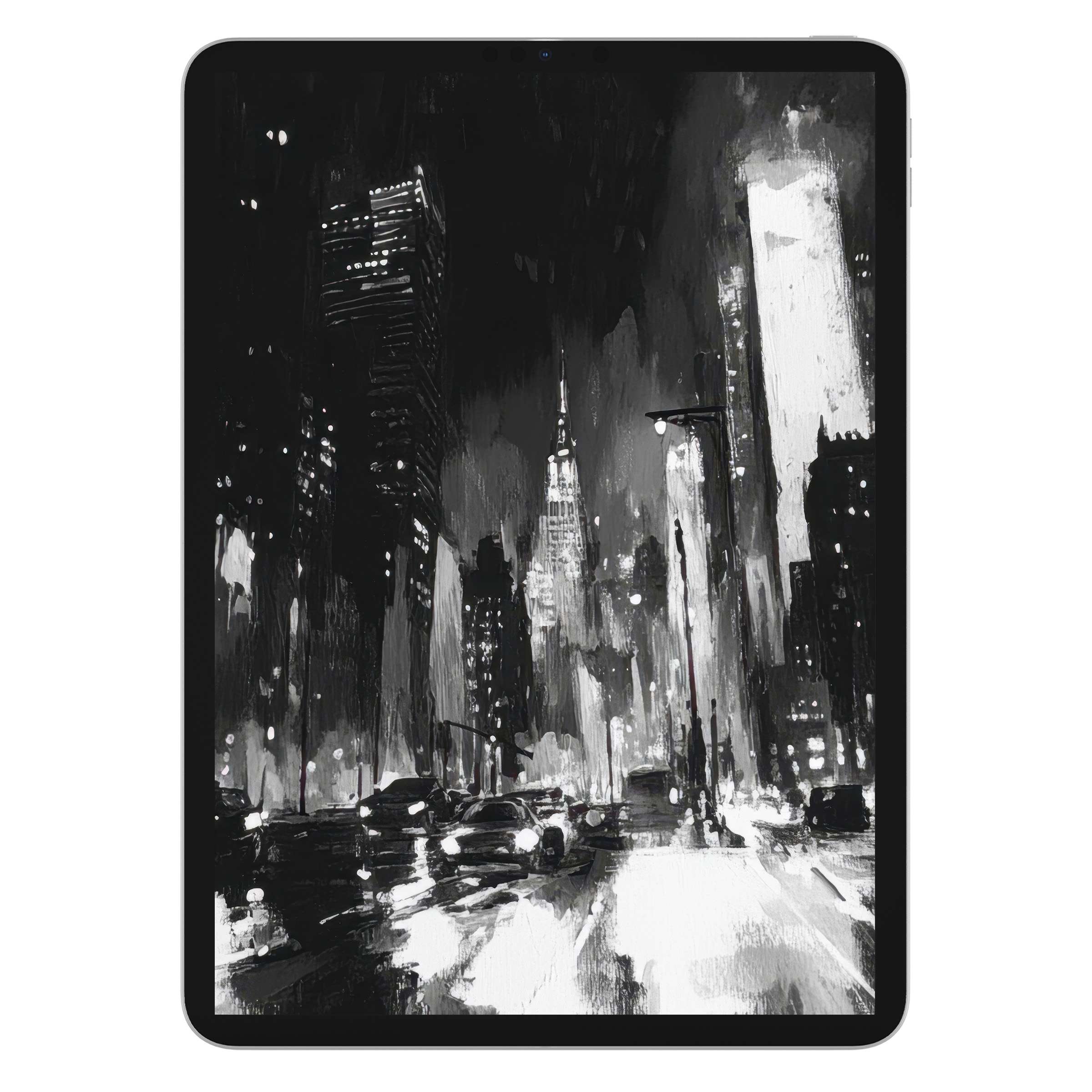Black and white iPad wallpaper featuring a cityscape at night creates a captivating tablet background for your digital download needs