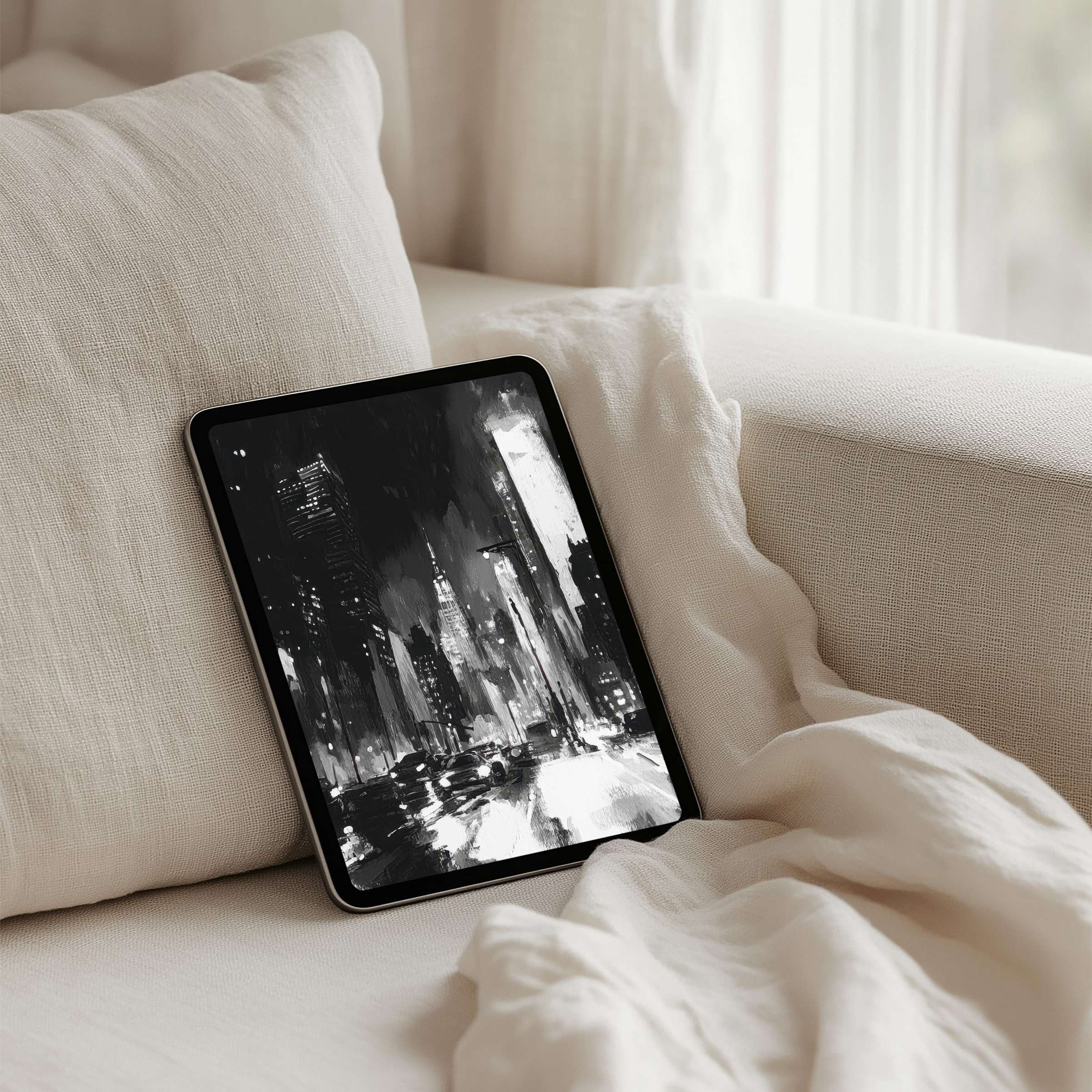 Elegant black and white cityscape iPad background offers instant download for your tablet inspiring calm and modern aesthetics