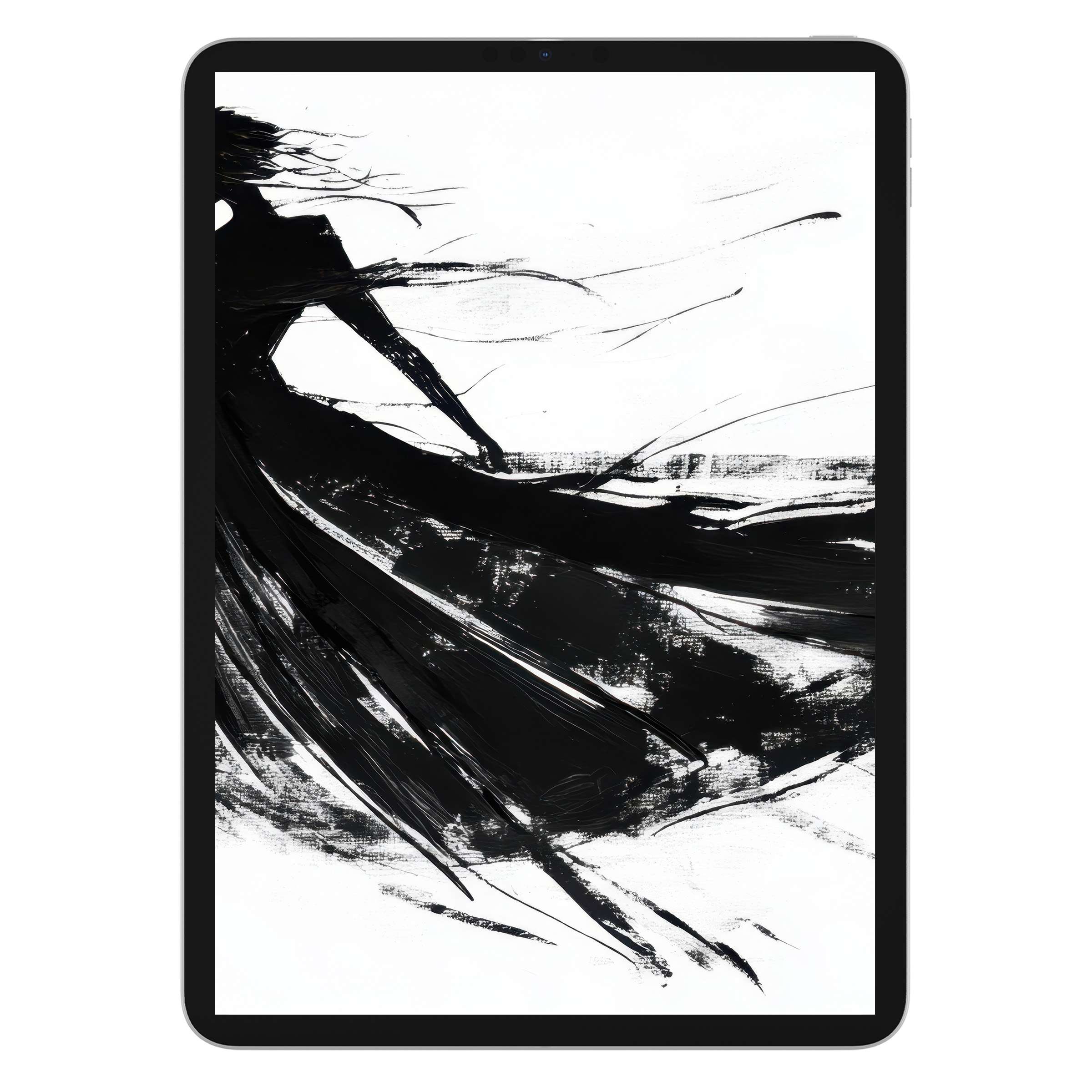Elegant black and white iPad wallpaper featuring abstract brush strokes; perfect digital download for tablet backgrounds and stylish decor