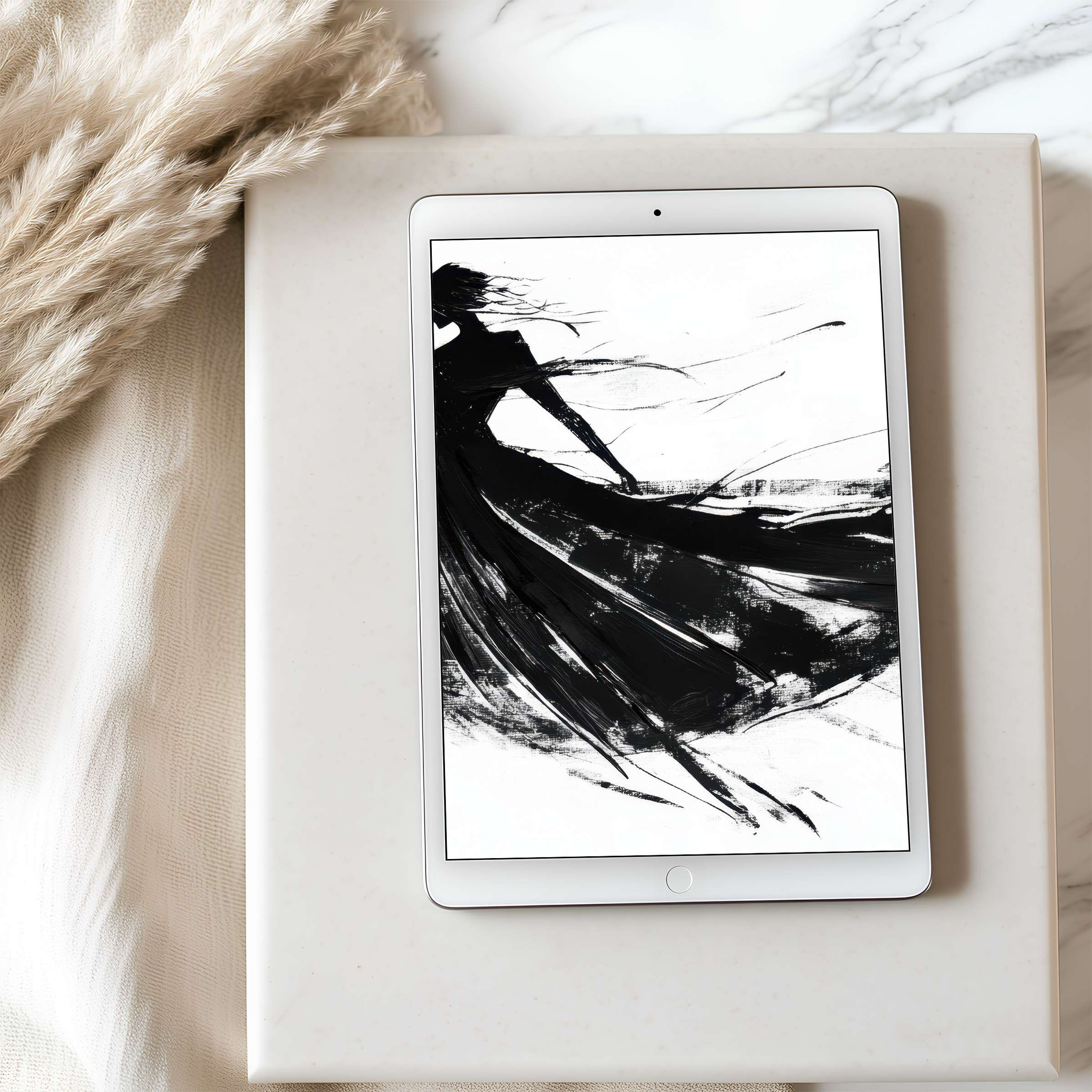 Elegant black-and-white abstract art tablet wallpaper complements minimalist interiors offering high resolution for iPad and Android tablets