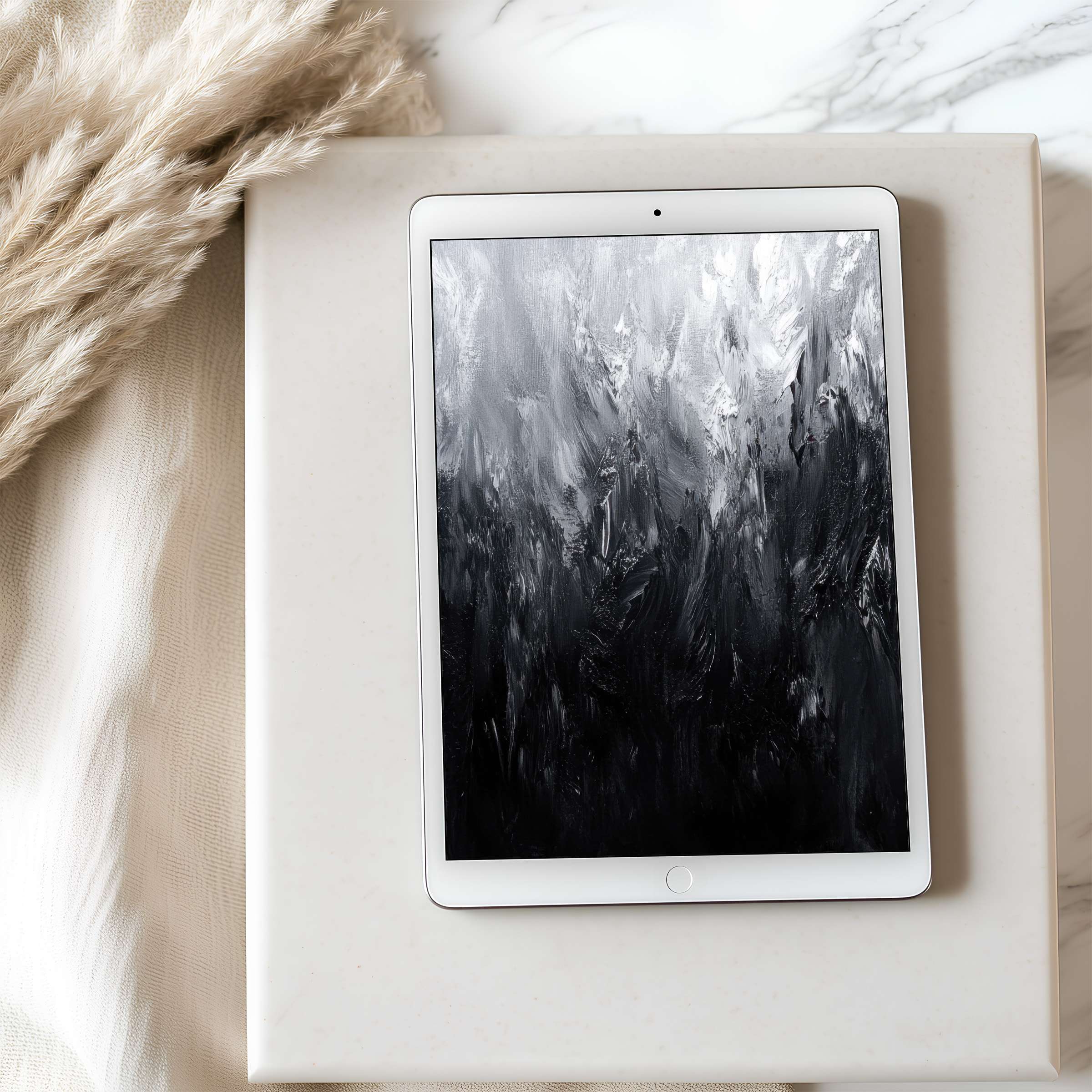 Luxurious tablet wallpaper in muted black and white abstract strokes perfect for iPad or Android tablets digital download