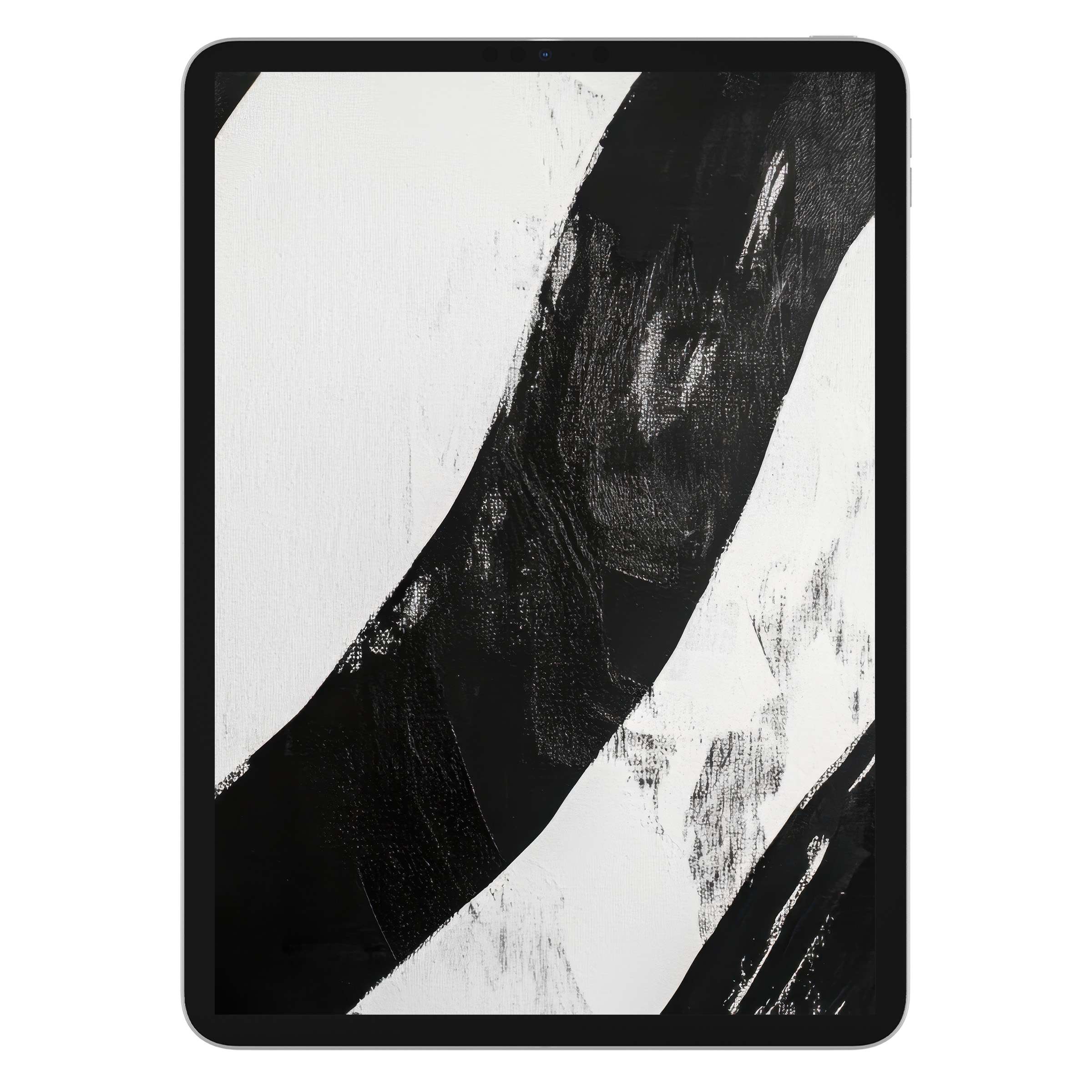 Elegant black and white iPad wallpaper with bold brushstrokes, offering a sophisticated digital download for tablet backgrounds