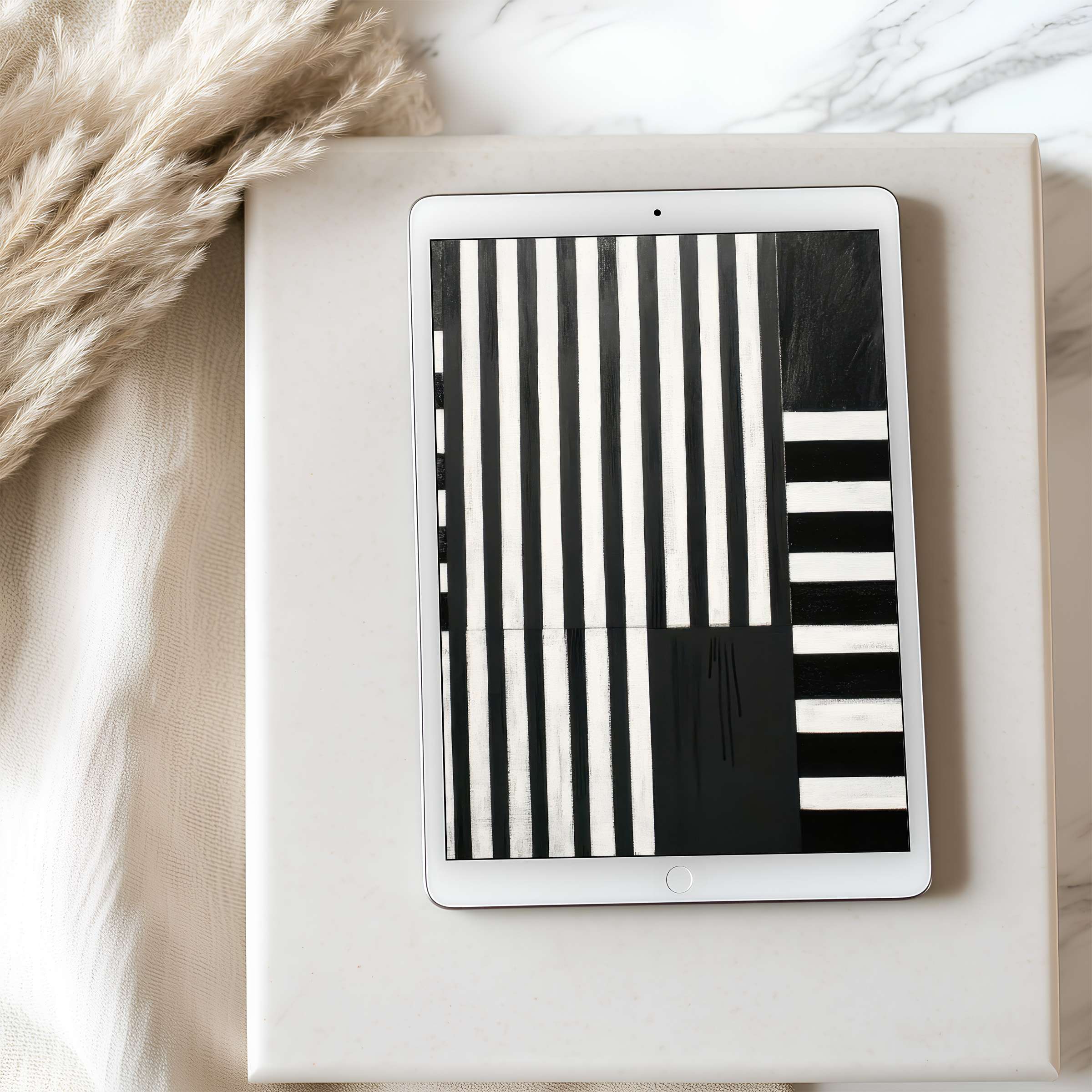 Elegant black and white abstract tablet wallpaper on iPad with high resolution adds calm sophistication to any curated digital space