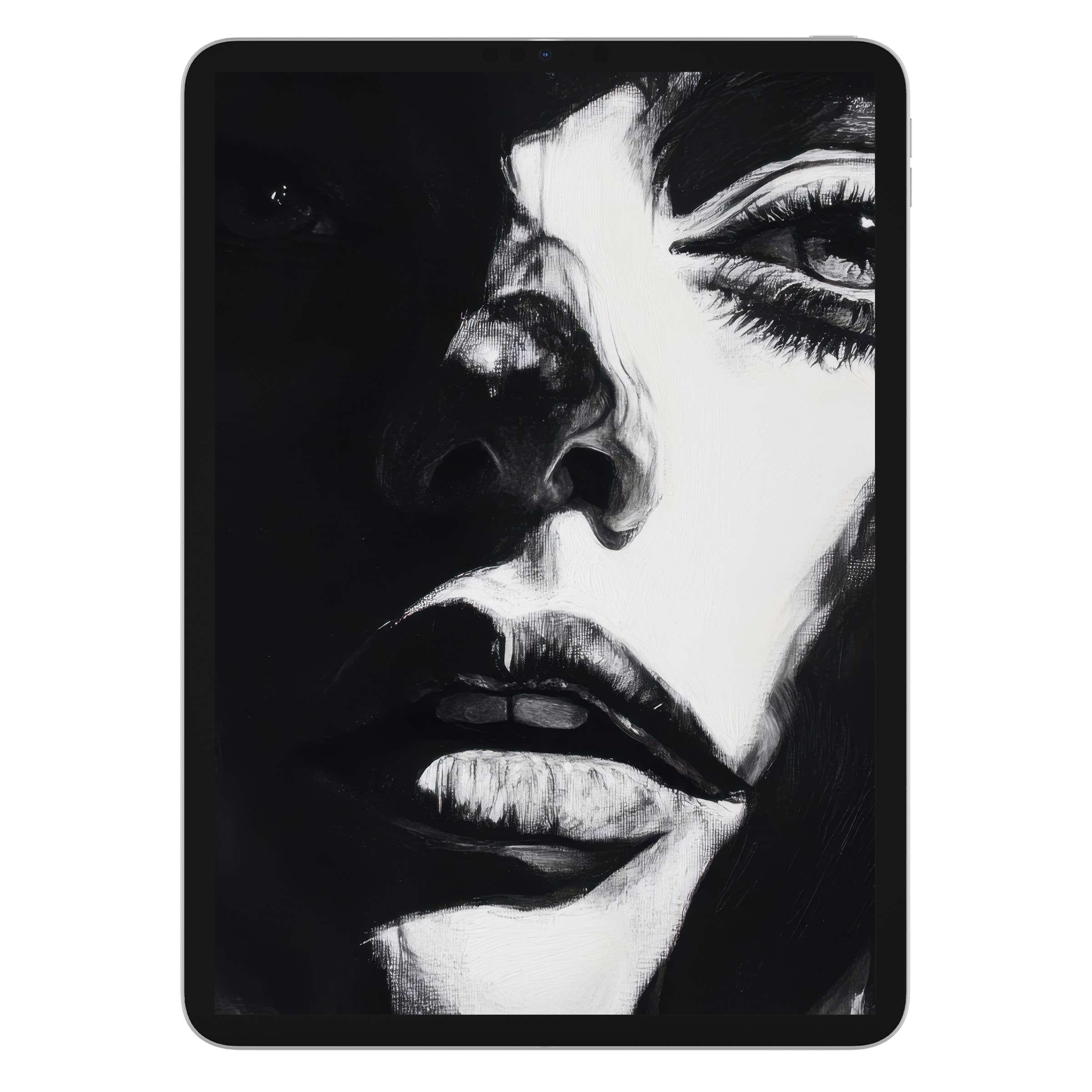 Elegant black and white iPad wallpaper showcasing an expressive face painting for a serene digital download tablet background use