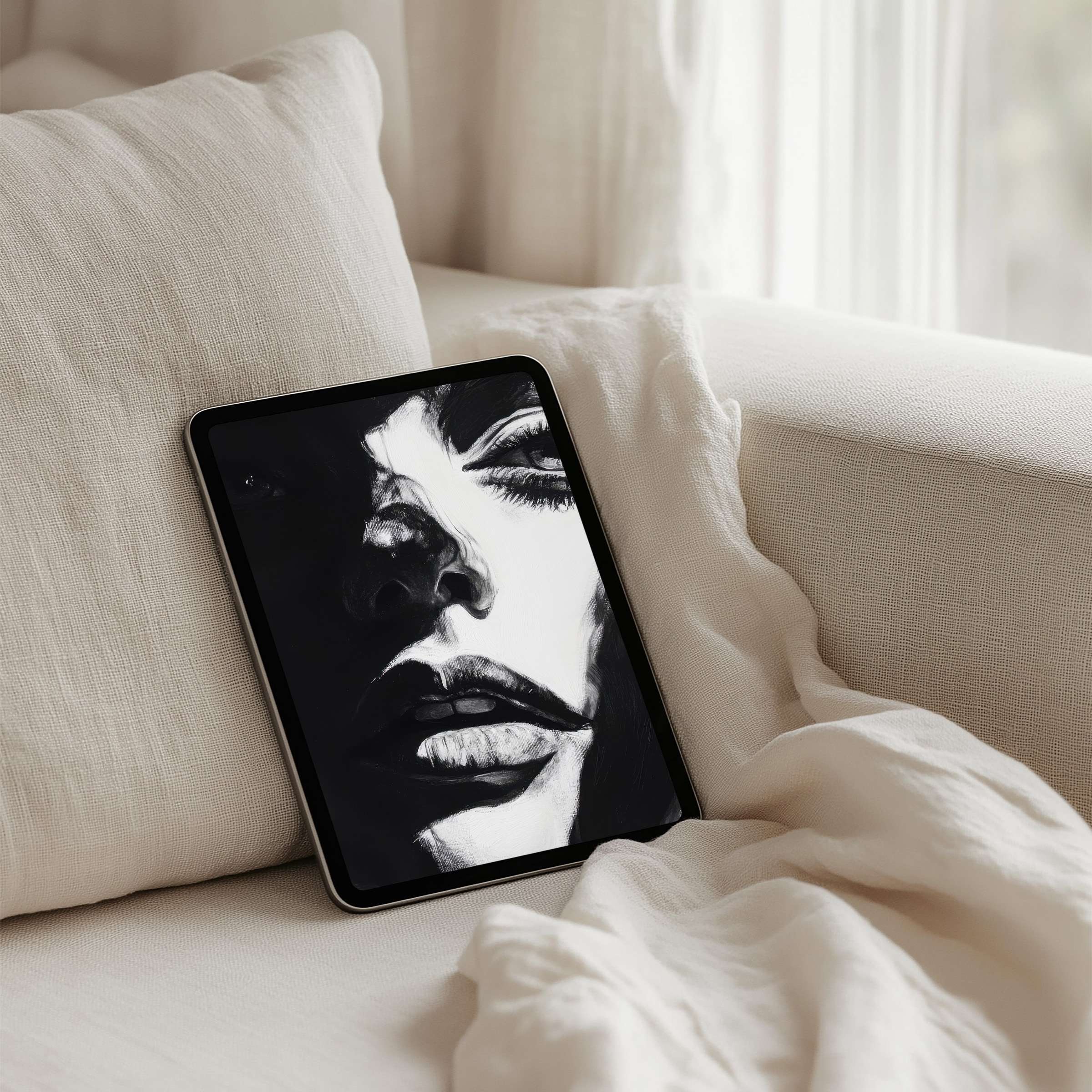 Elegant monochrome portrait iPad background for instant download enhances tablet style with calming inspiration and serene aesthetics