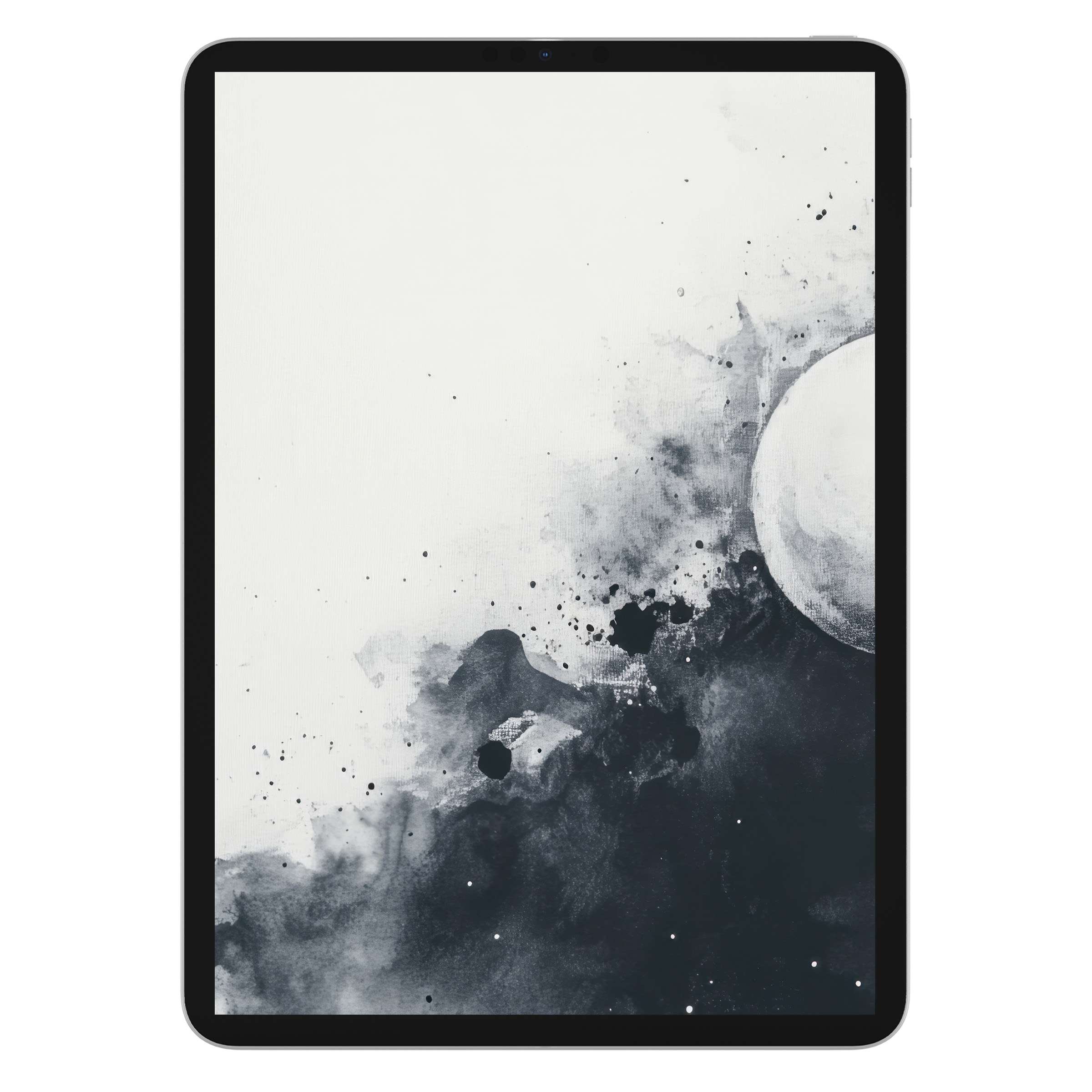 Elegant black and white iPad wallpaper featuring an abstract watercolor style digital download for a calming tablet background