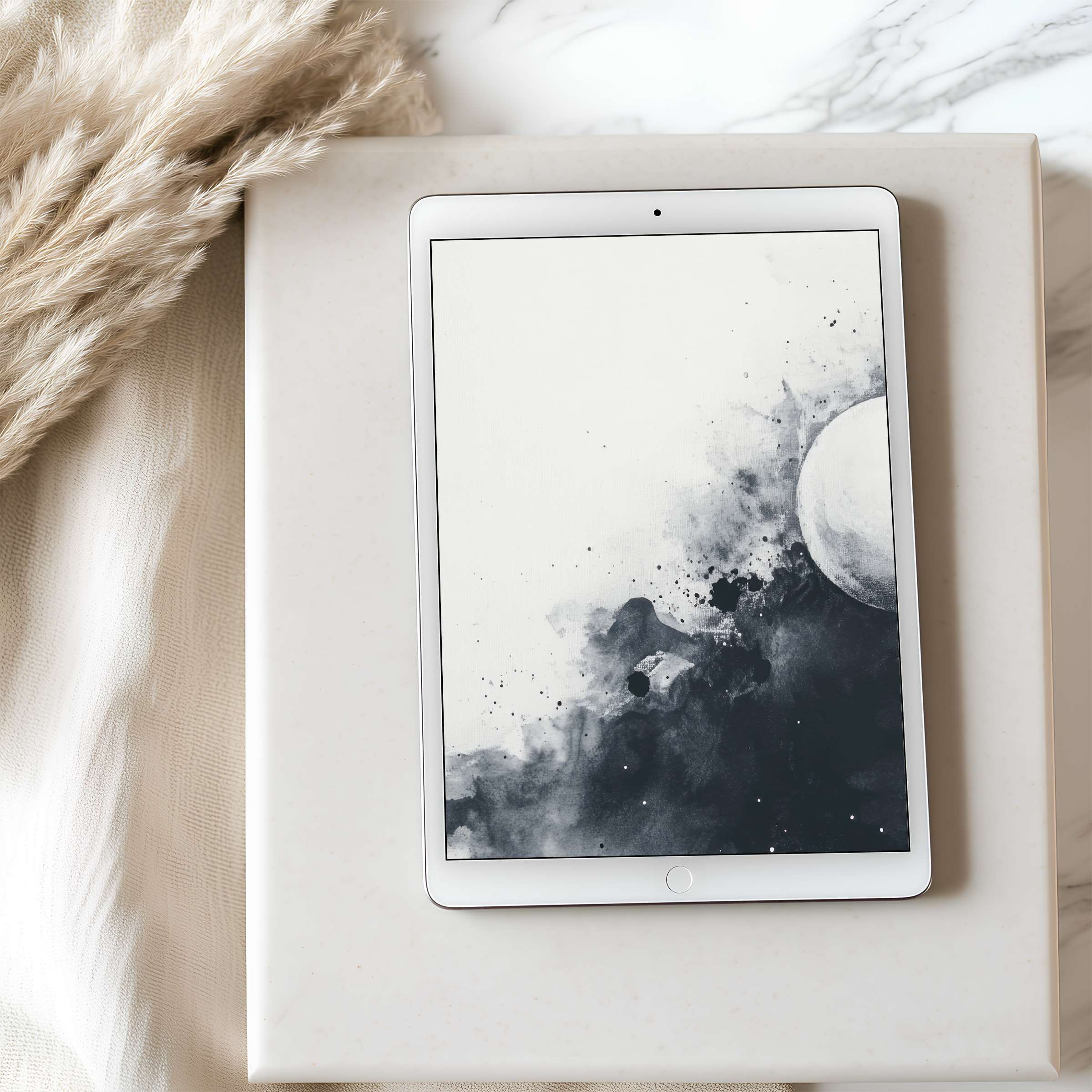 Elegant black and white abstract tablet wallpaper showcases a serene design, perfect for iPad and Android tablets, downloadable in high resolution