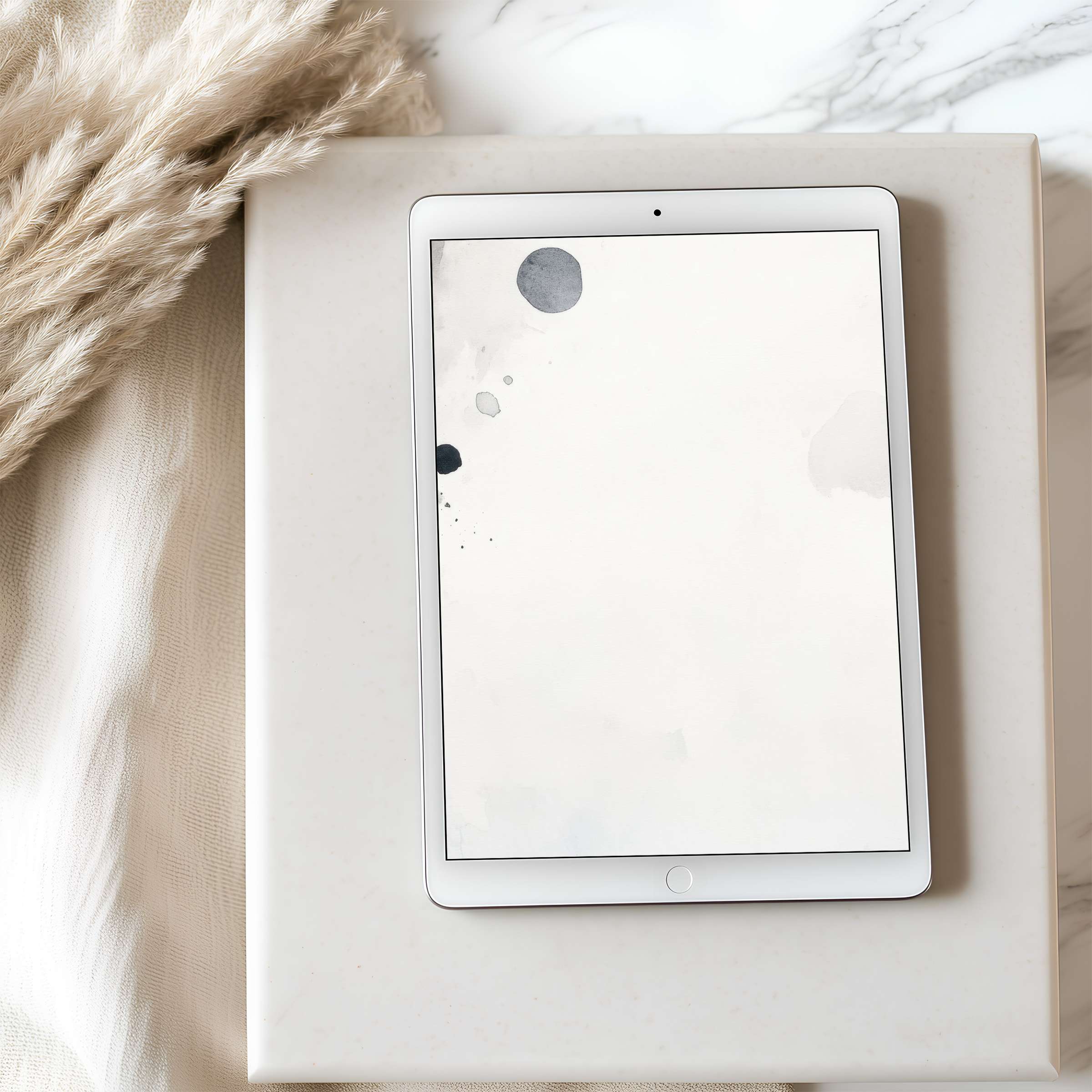 Elegant tablet wallpaper with minimalist ink splashes on a high resolution iPad backdrop for calming digital downloads