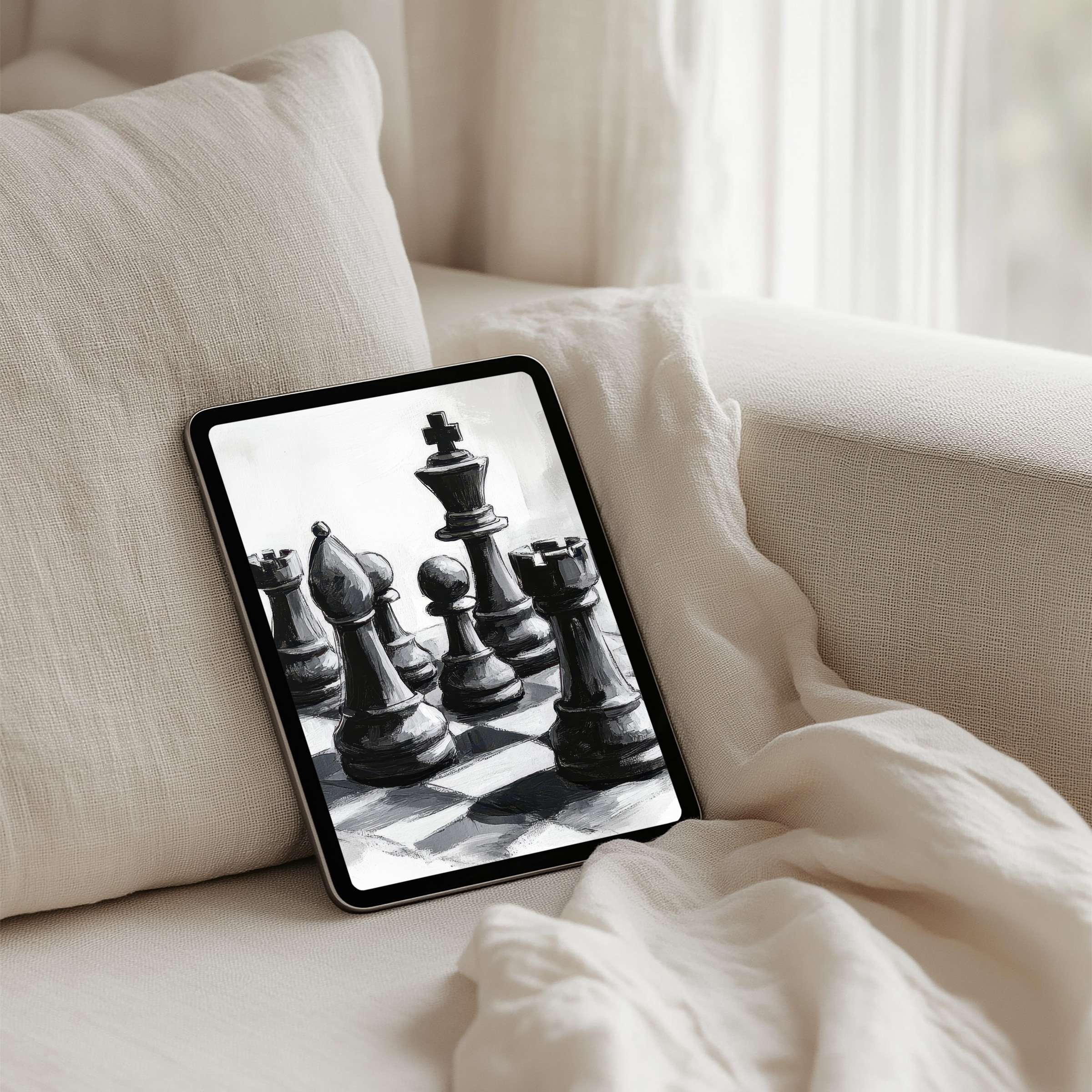 Elegant black and white chess art iPad background offers calm inspiration for tablets instant download for mindful aesthetics