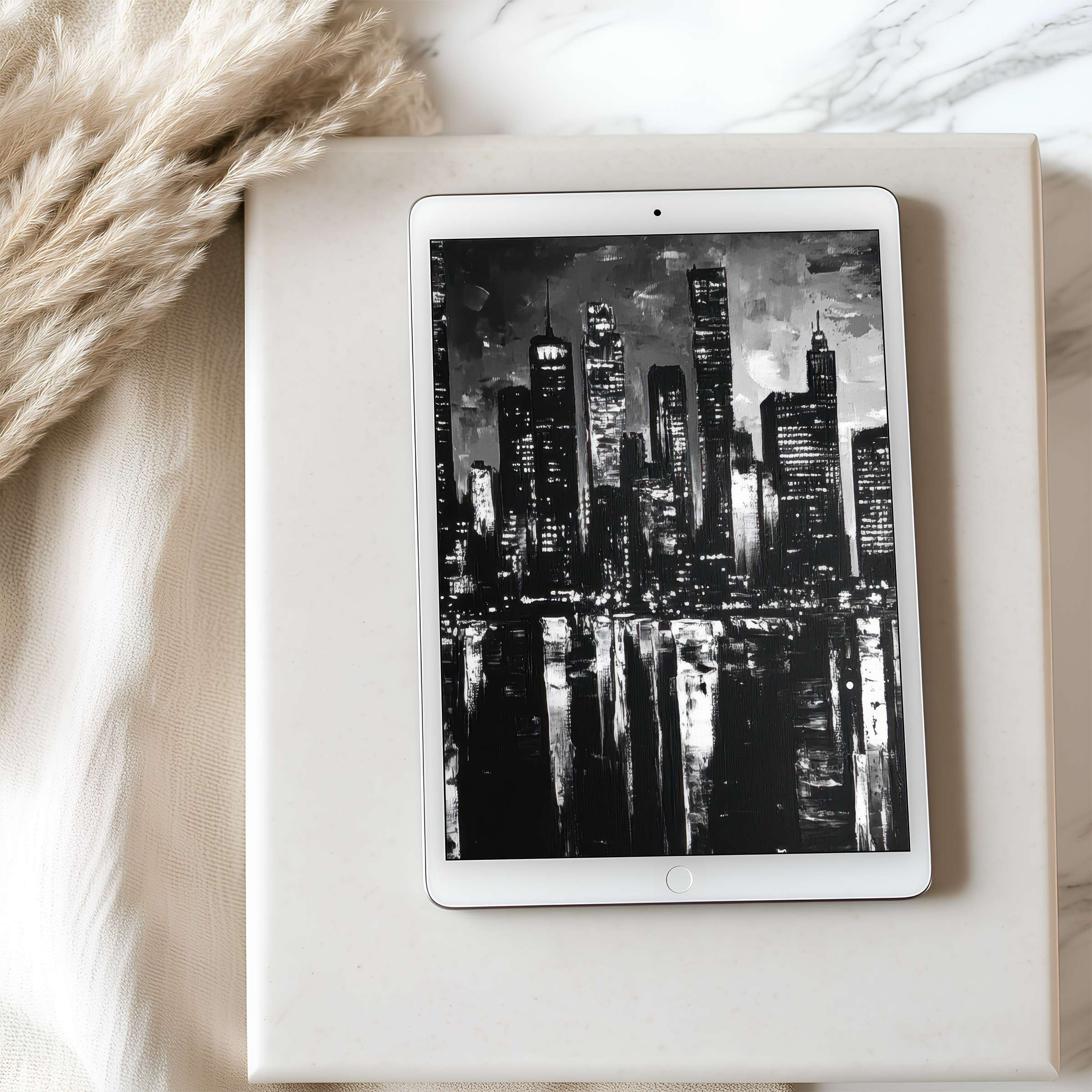 Elegant black and white cityscape tablet wallpaper for iPad Android, offering high resolution digital download, adding serene sophistication