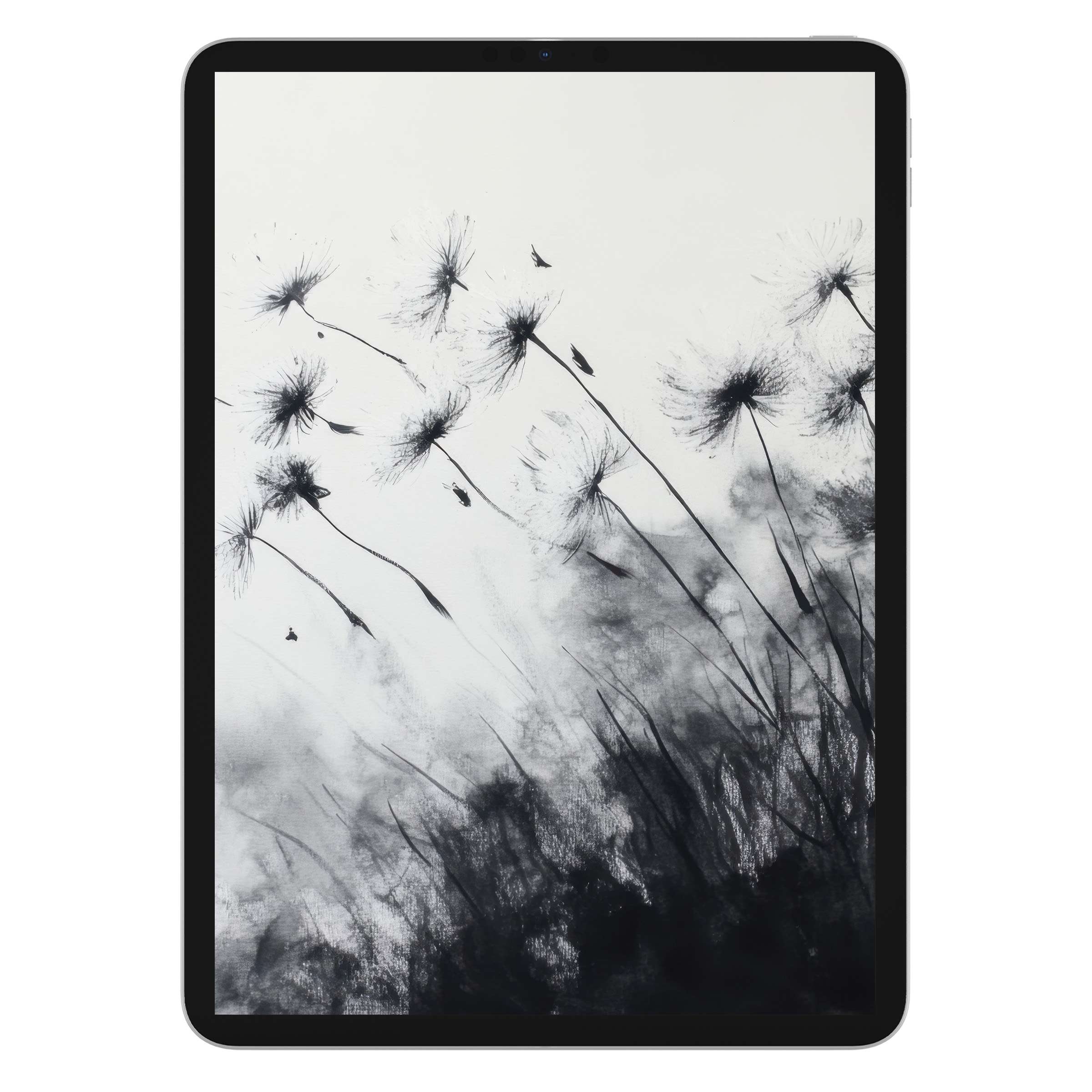 Delicate dandelion silhouettes form a serene black and white iPad wallpaper, ideal as a digital download for any tablet background