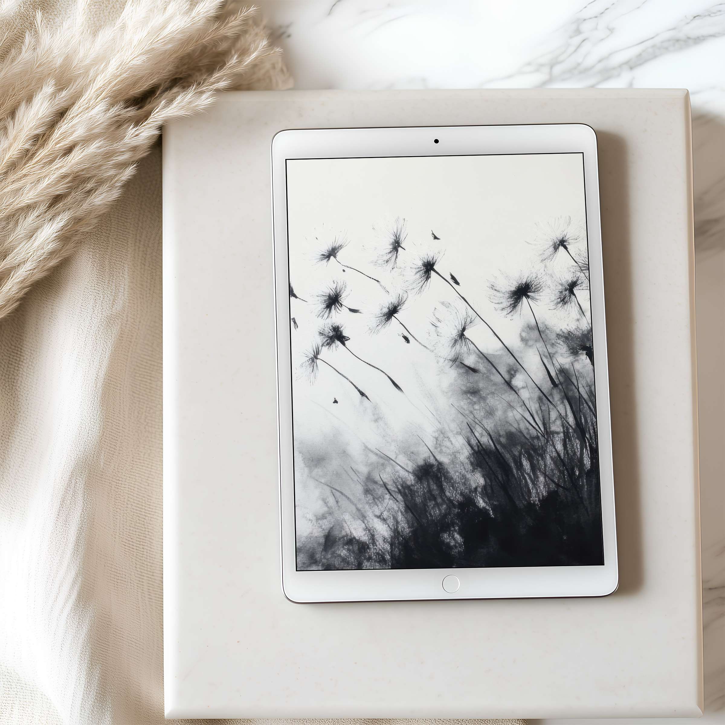 Elegant dandelion motif in black and white adorns this tablet wallpaper, ideal for iPad or Android download, curated for serene aesthetics