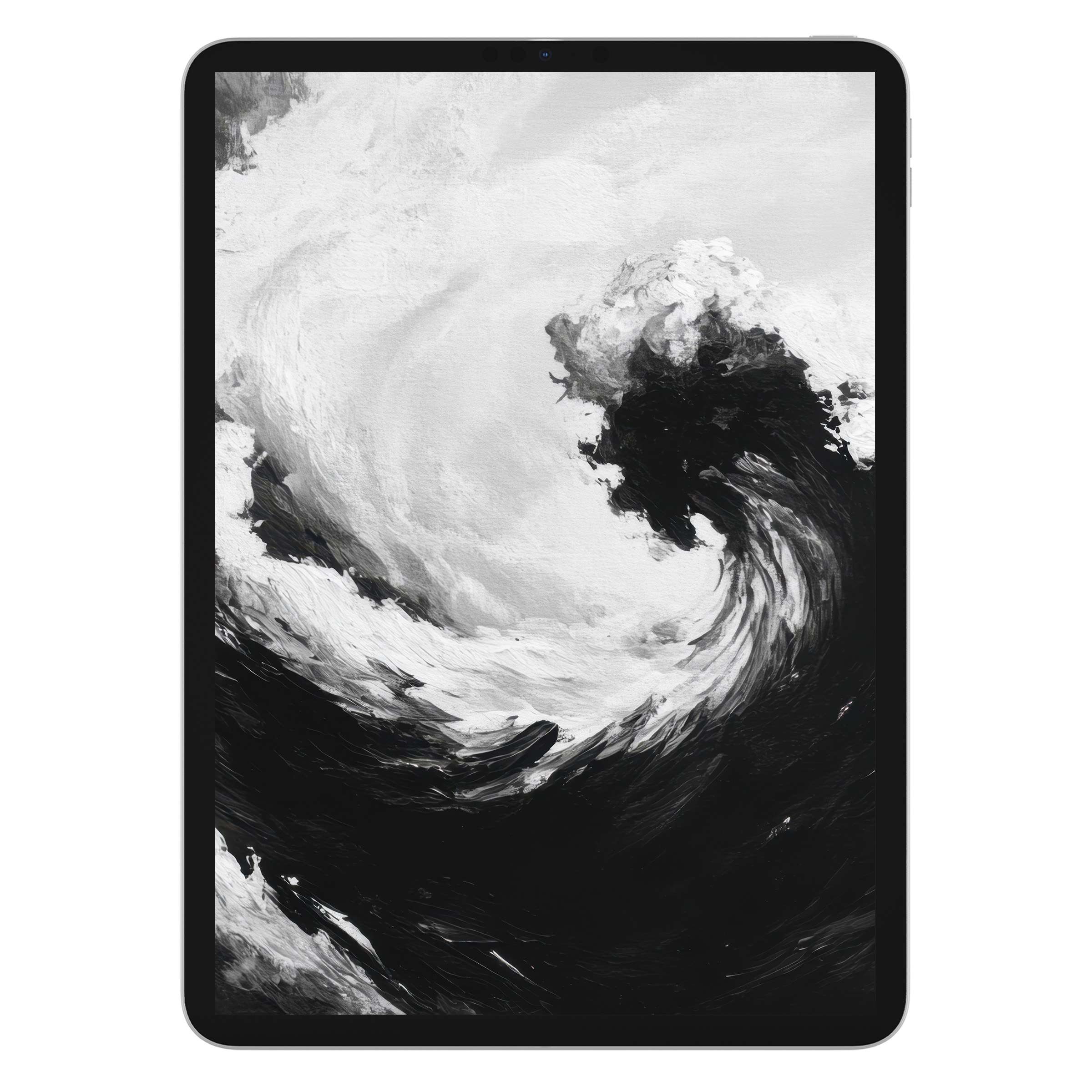 Elegant black and white iPad wallpaper featuring a swirling wave design for a calming digital download tablet background