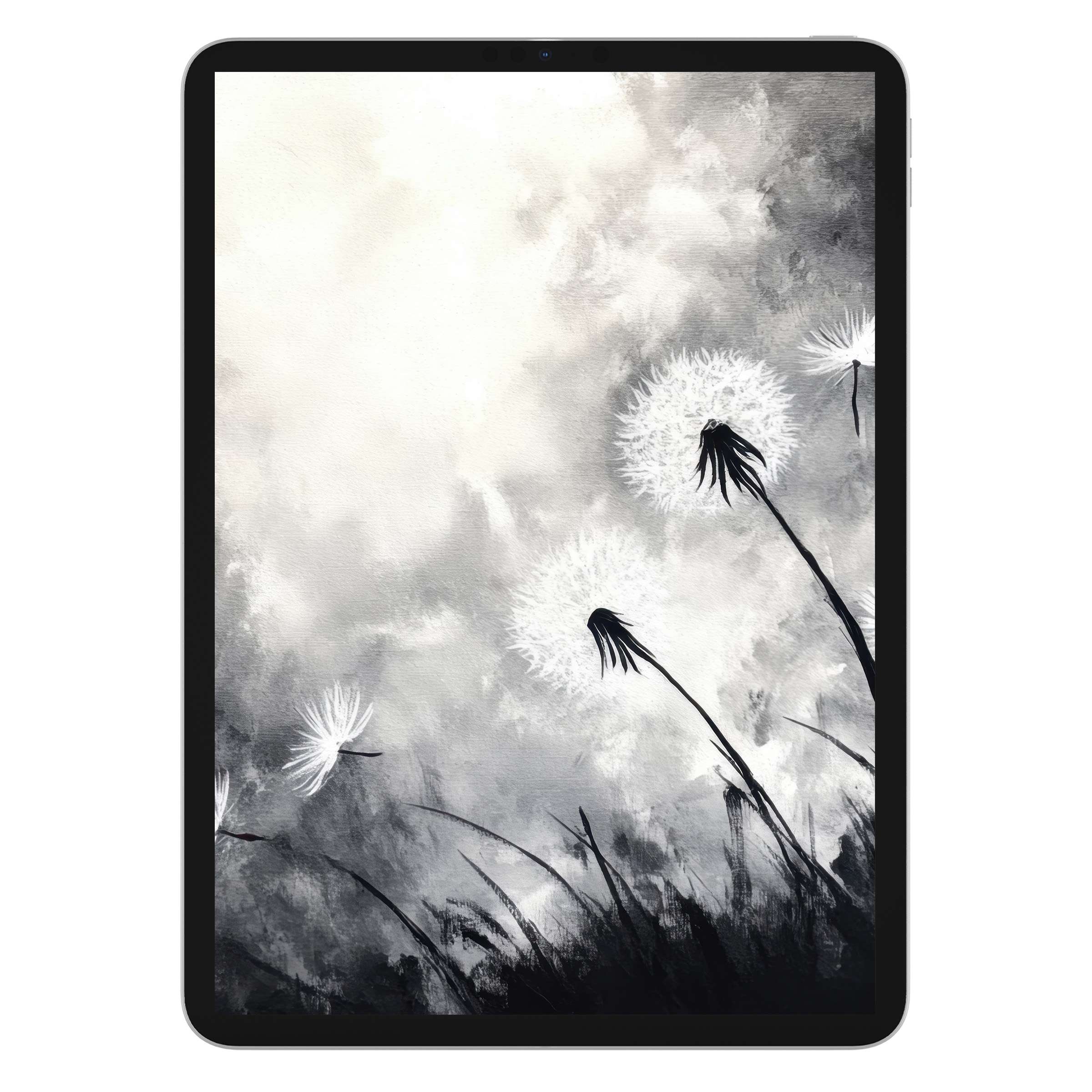 Black and white iPad wallpaper featuring elegant dandelions against a misty background for digital download suitable for tablets