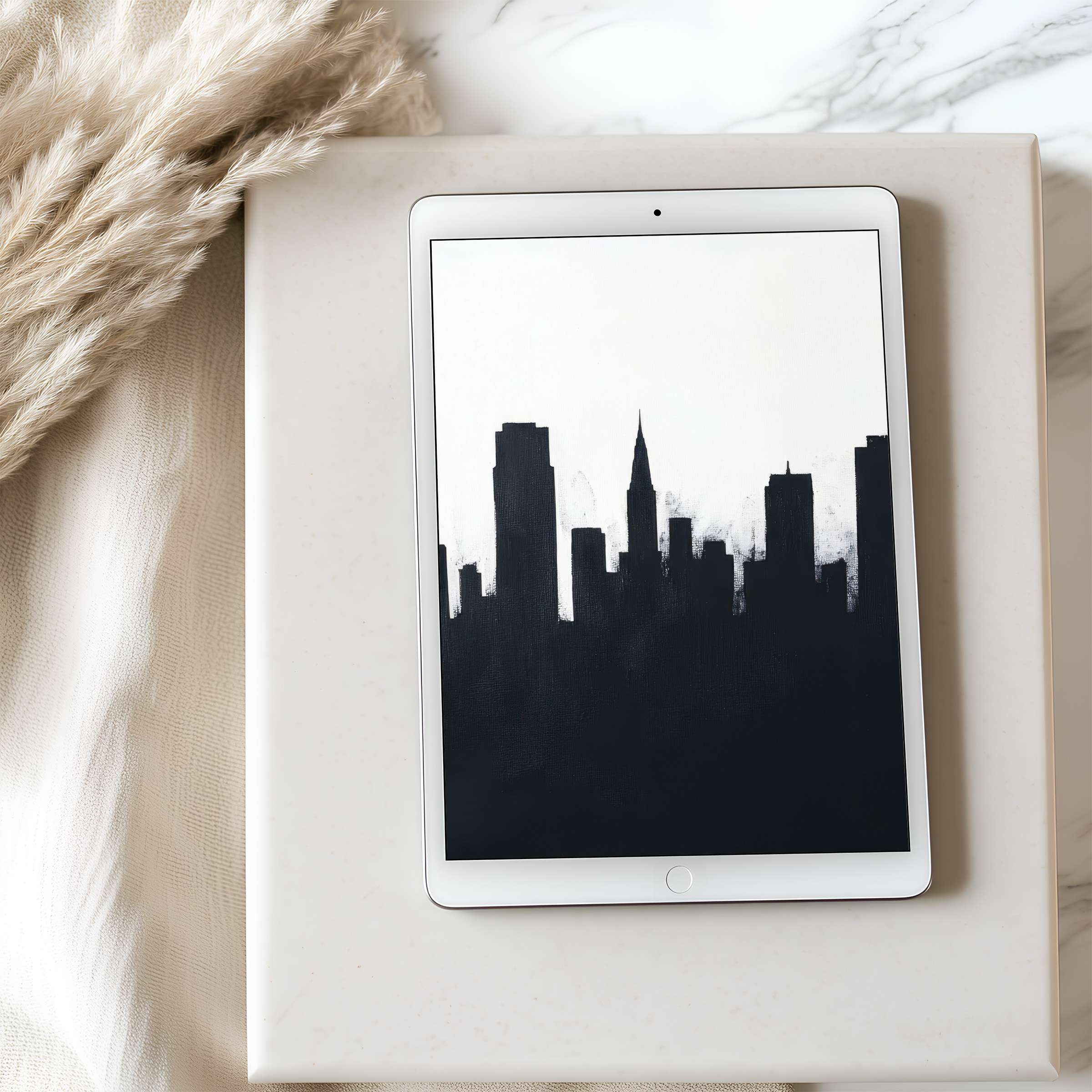 Urban silhouette tablet wallpaper in calming monochrome, perfect for high resolution iPad or Android display, eco-friendly digital download