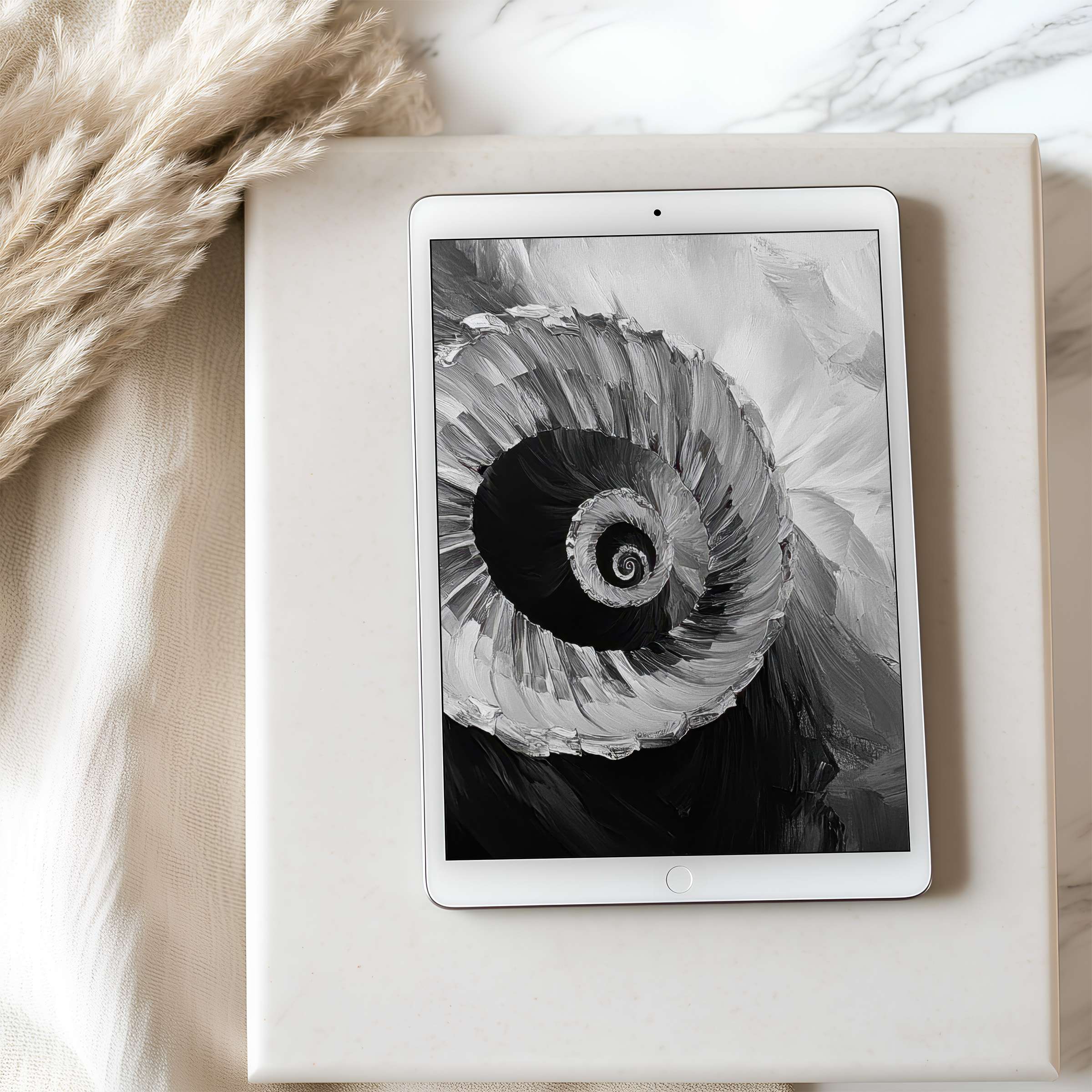 Elegant grayscale spiral art as tablet wallpaper enhances calm in stylish interiors ideal for high resolution iPad download