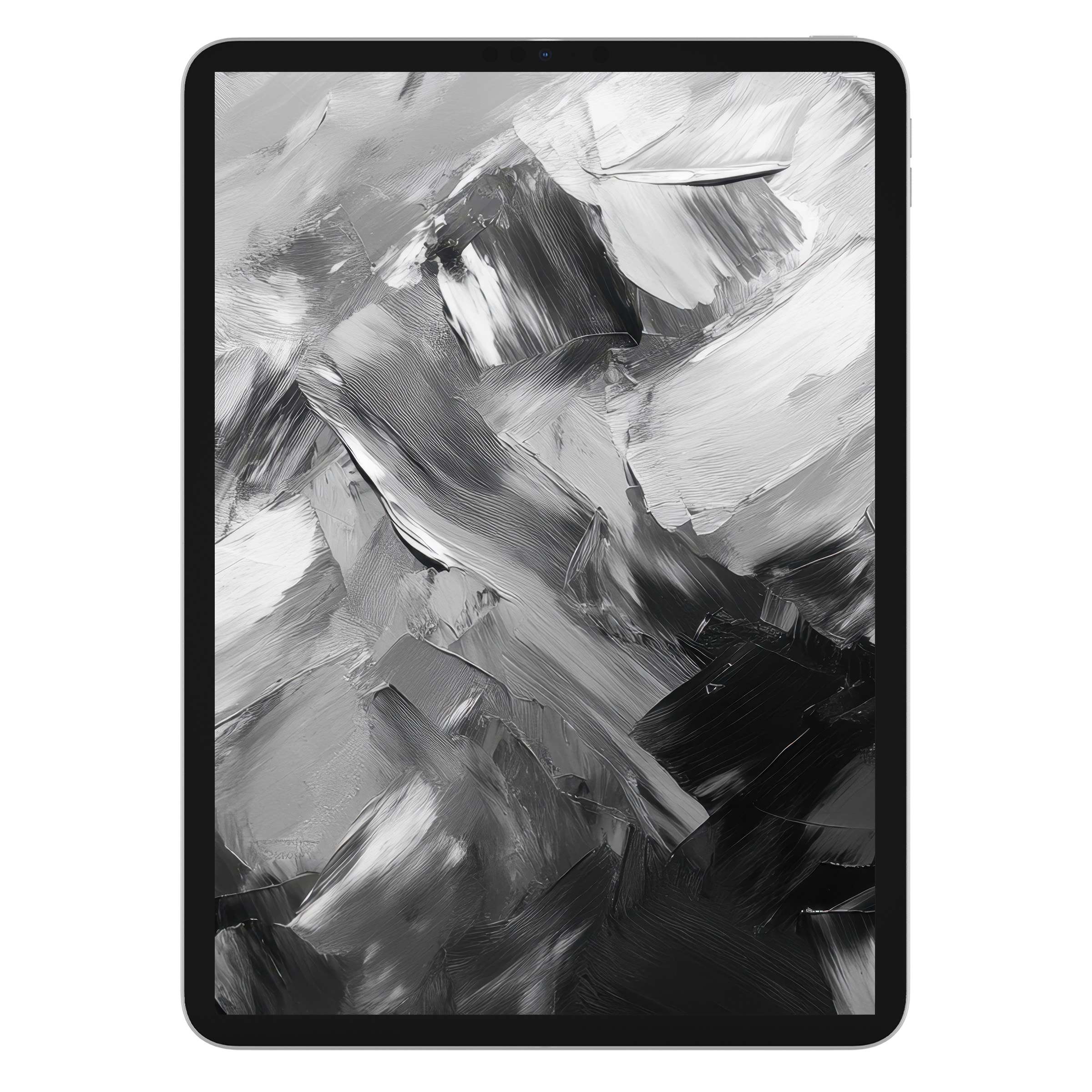 Elegant abstract brush strokes create a serene black and white iPad wallpaper inspiring calm, suitable for tablet background digital download