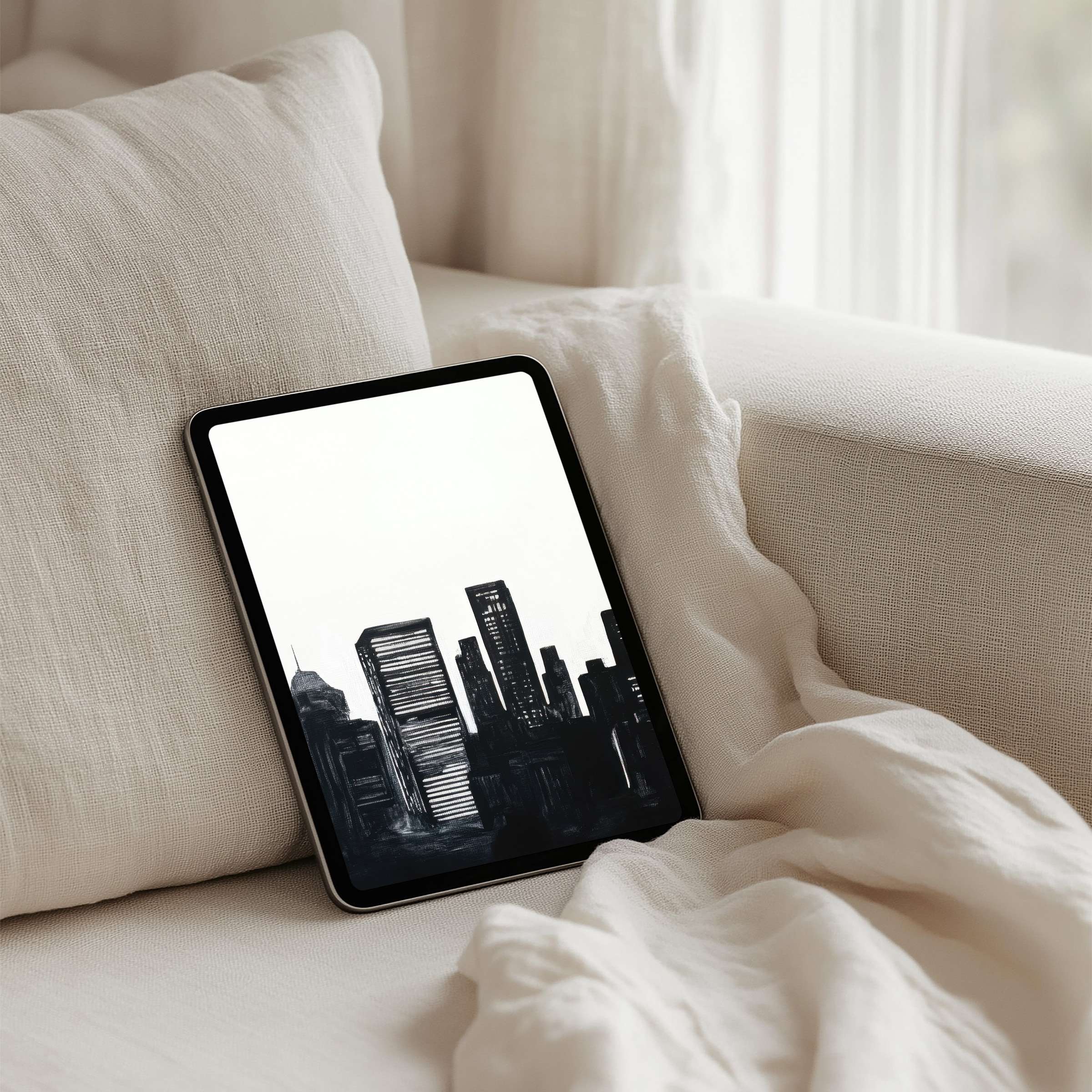 Elegant black and white cityscape iPad background offers calm inspiration with instant download for tablet mindfulness and style