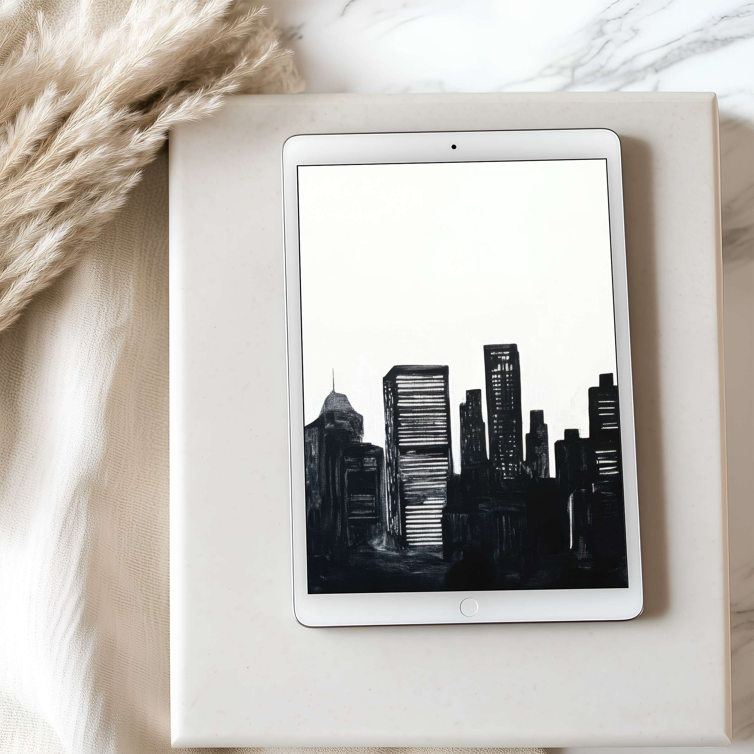 Elegant black and white cityscape tablet wallpaper for iPad adds modern charm to interiors and offers a calm digital download option