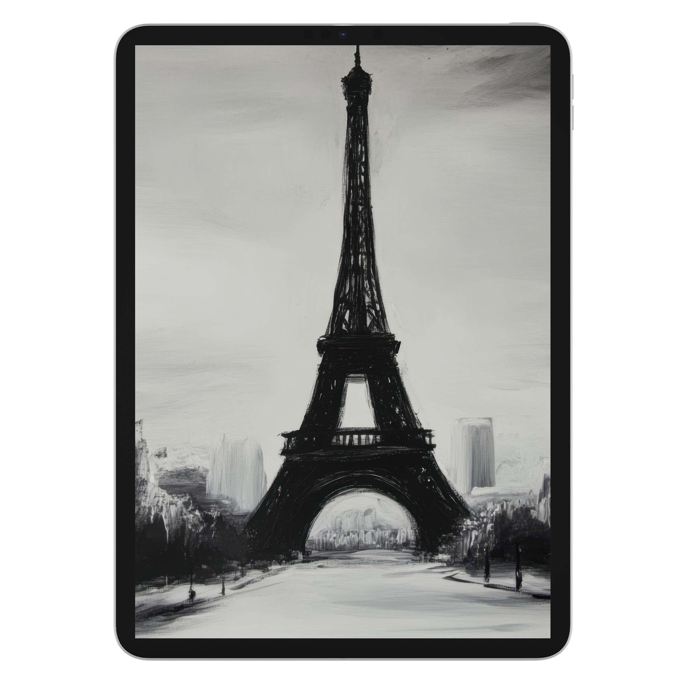 Elegant black and white iPad wallpaper captures Parisian charm in a digital download, perfect for tablet background artistry