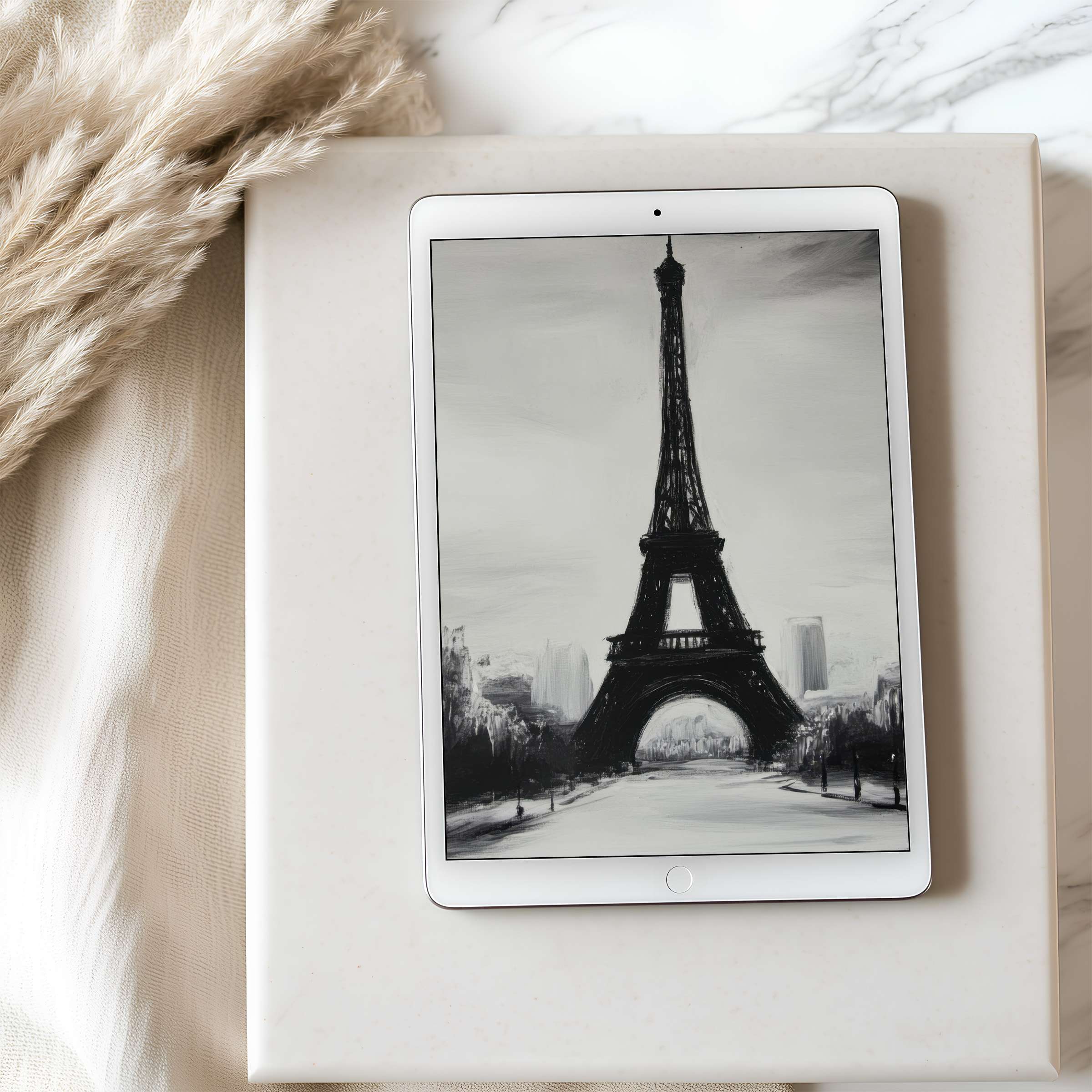 Elegant black and white Eiffel Tower tablet wallpaper on iPad offers a serene escape, perfect for digital download on all tablets