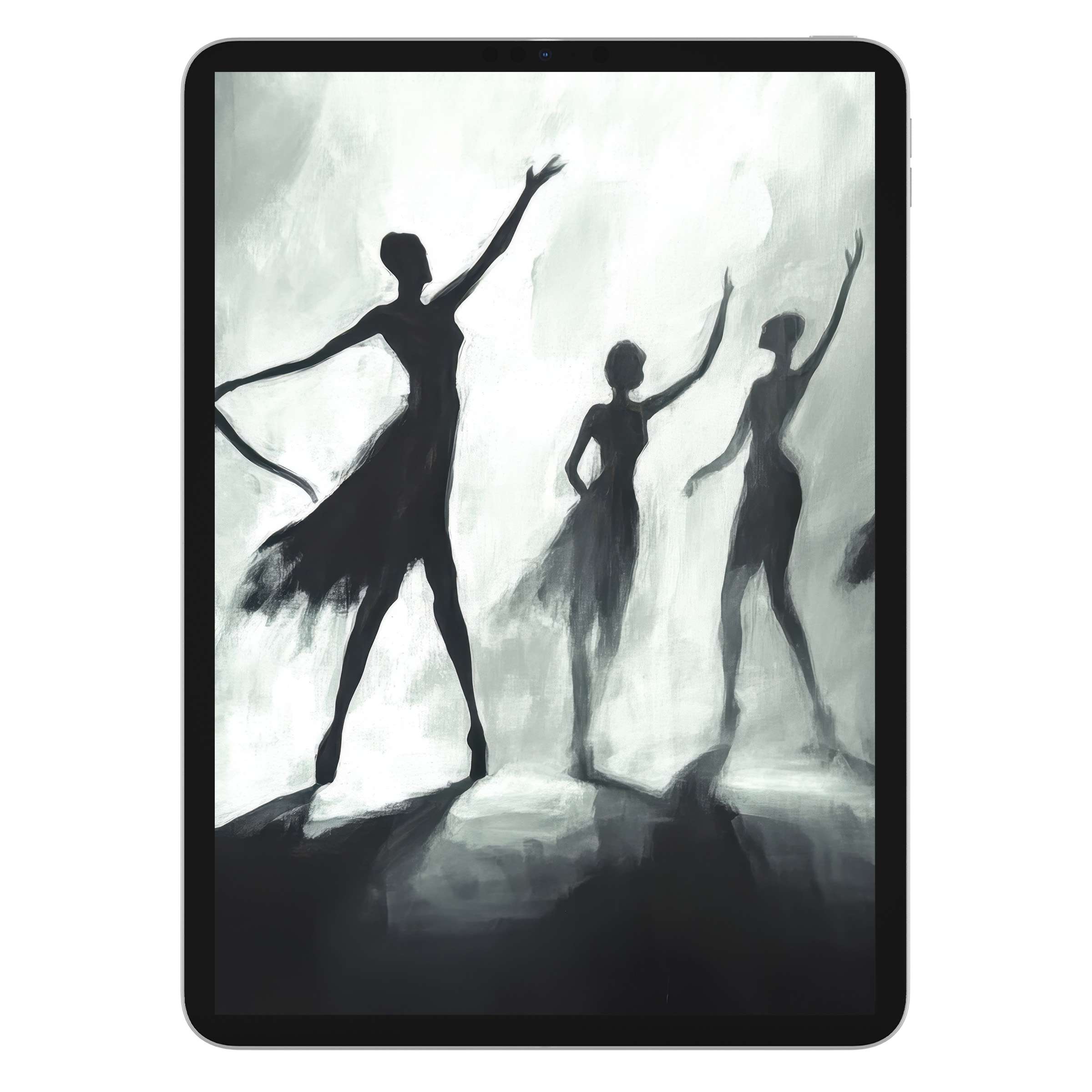 Elegant black and white iPad wallpaper with graceful dancers, perfect digital download for a serene tablet background experience
