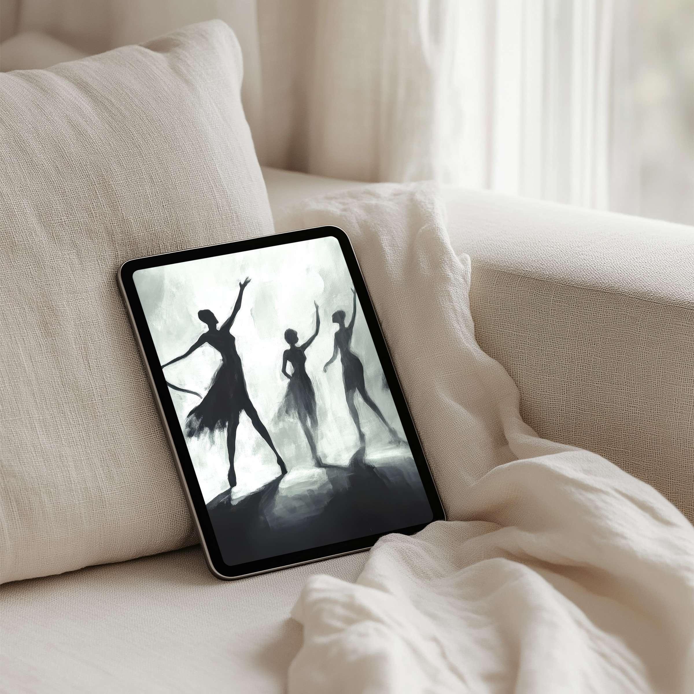 Elegant iPad background of dancing silhouettes evokes calm and inspiration perfect for instant download on any tablet