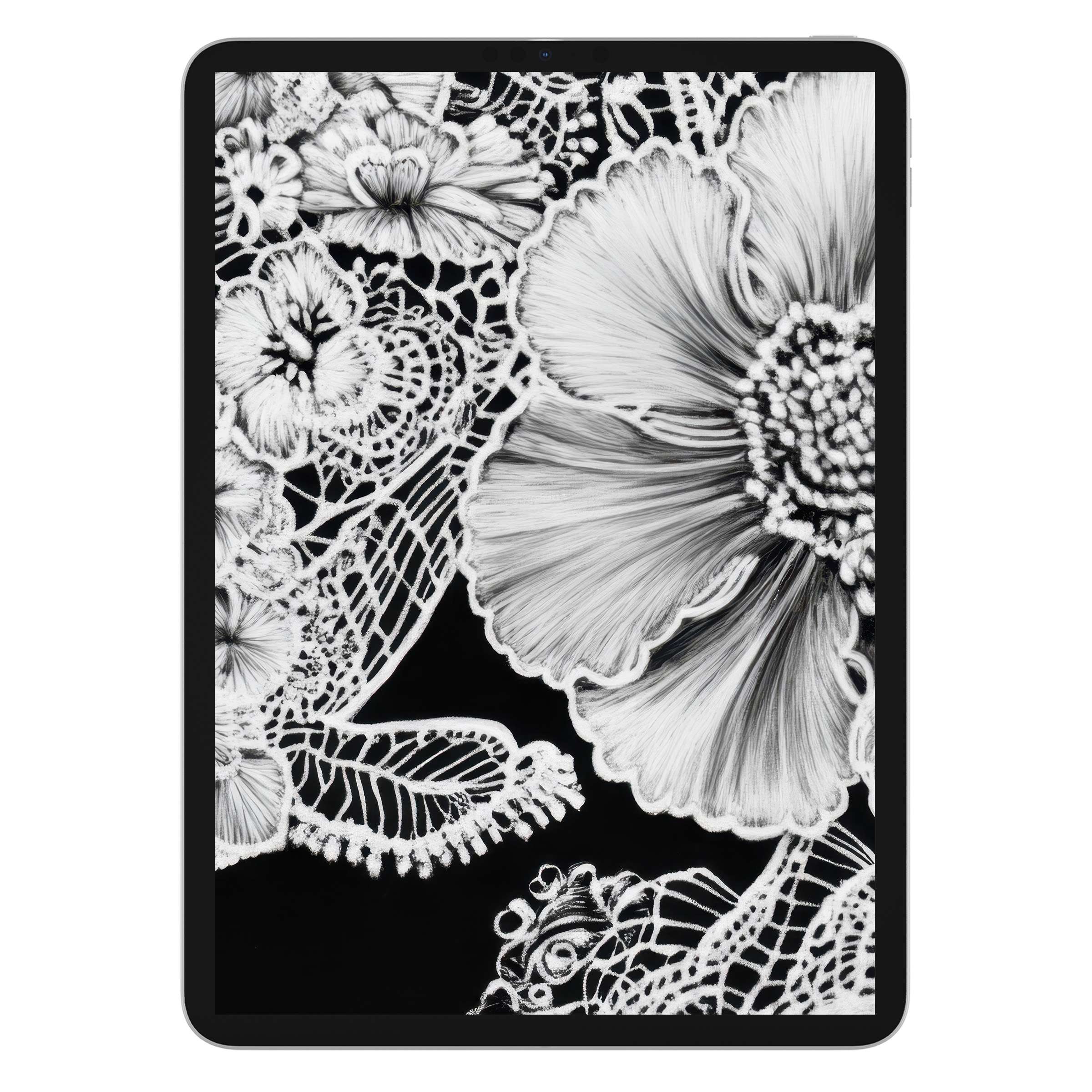 Black and white iPad wallpaper showcasing intricate floral lace art, offering an elegant digital download for tablet backgrounds