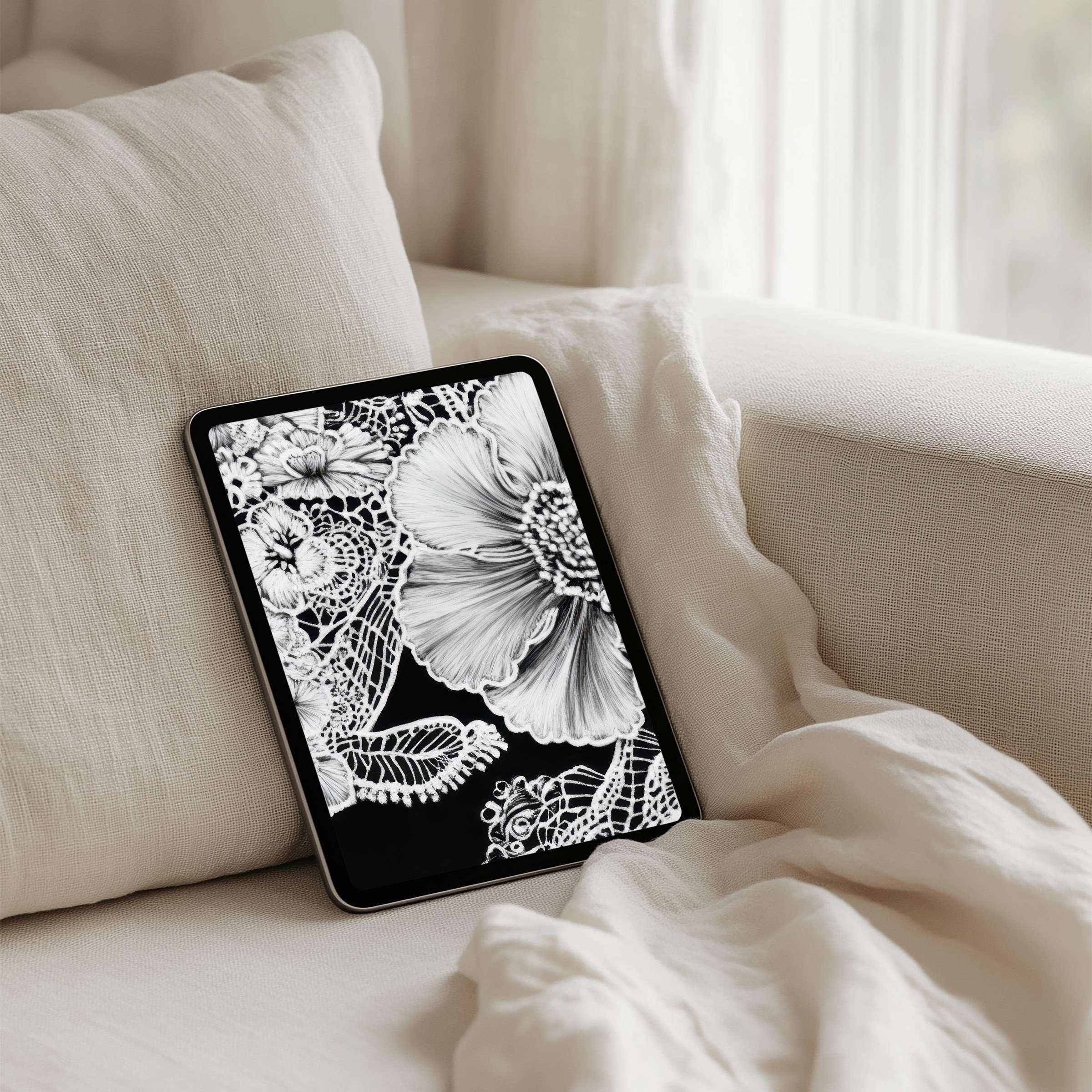 Elegant black and white floral iPad background for instant download on any tablet, enhancing mindfulness and stylish serenity