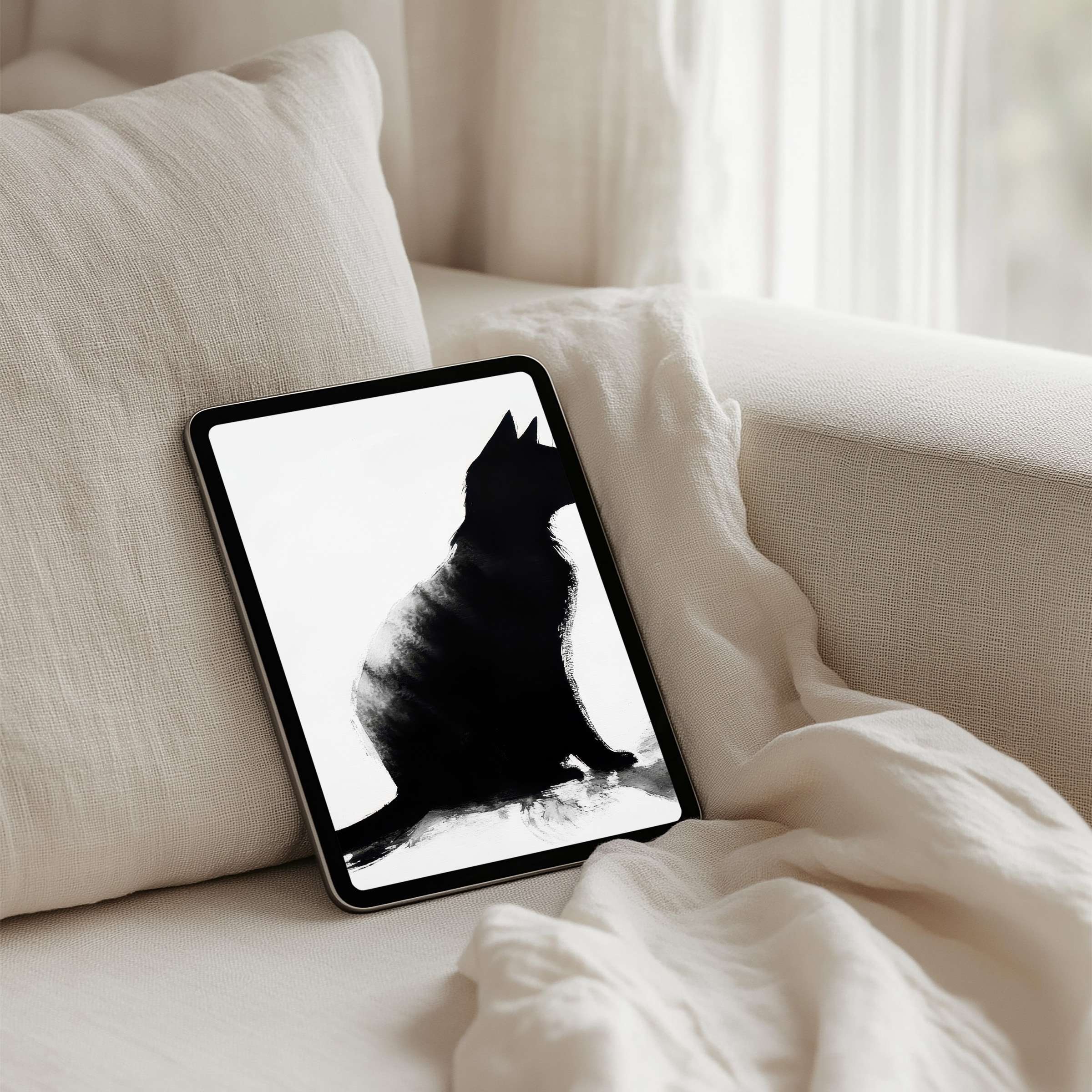 Elegant black cat art on iPad background offers a calm, mindful aesthetic perfect for instant download on any tablet device