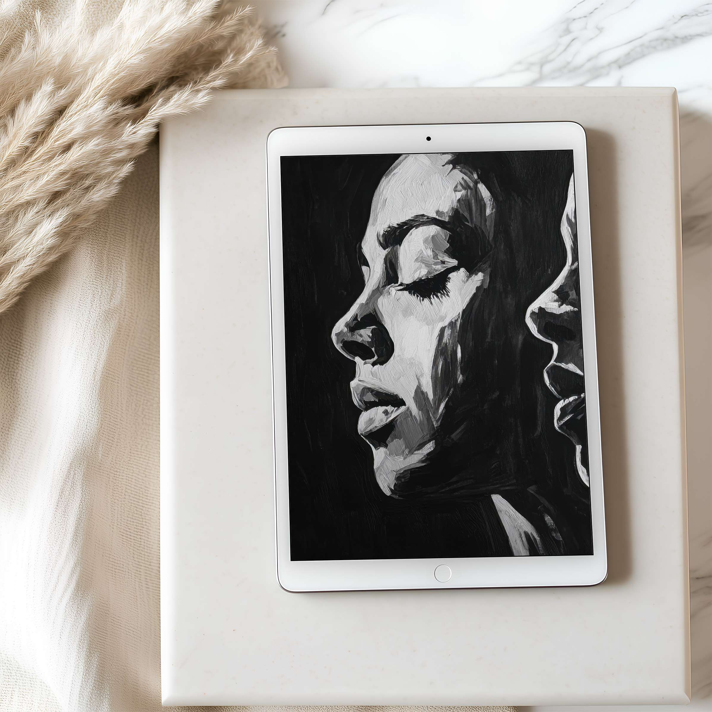 Elegant grayscale portrait on tablet wallpaper blends seamlessly into chic interior perfect for iPad or Android tablets download