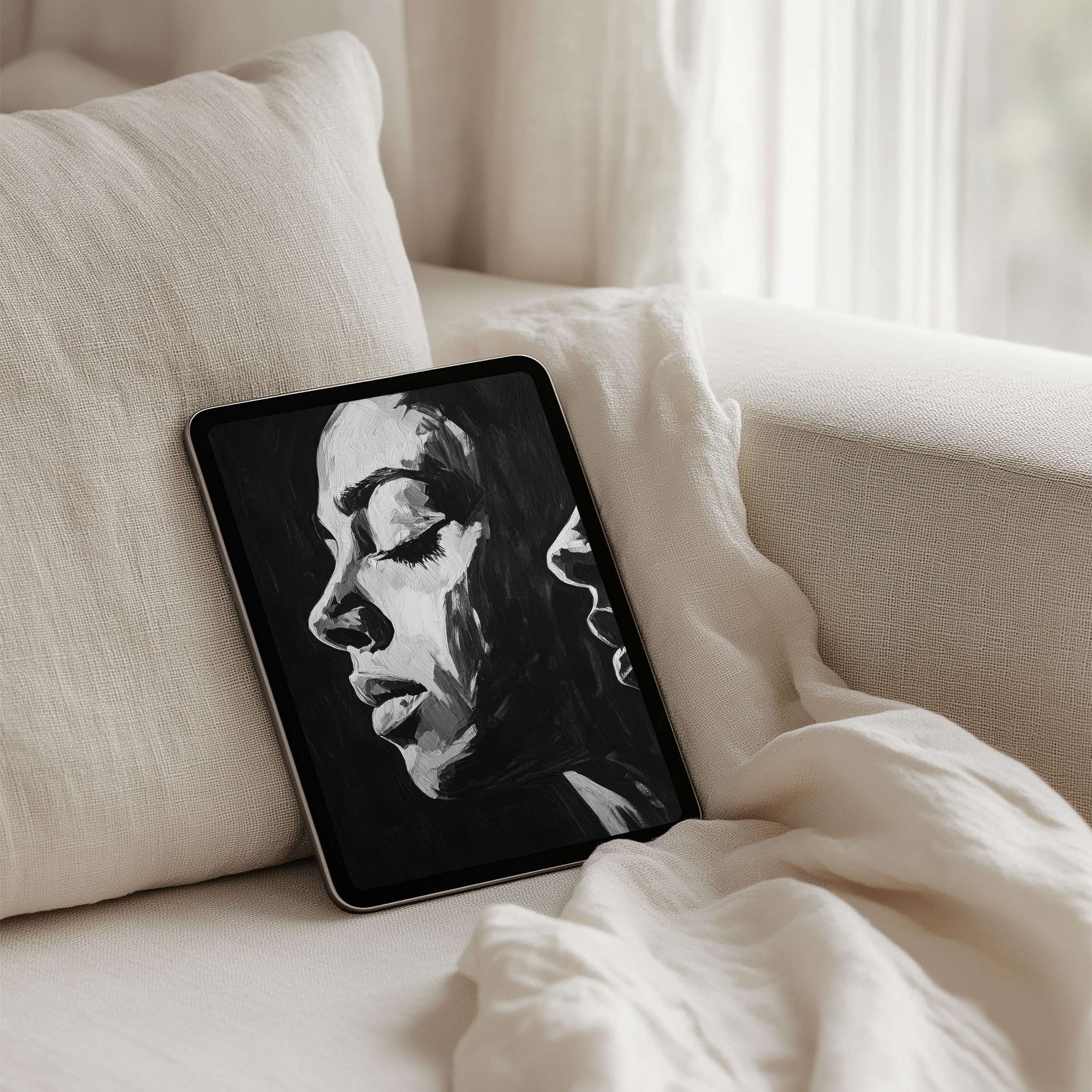 Elegant black and white digital art for iPad background offering instant download to inspire calm on any tablet screen