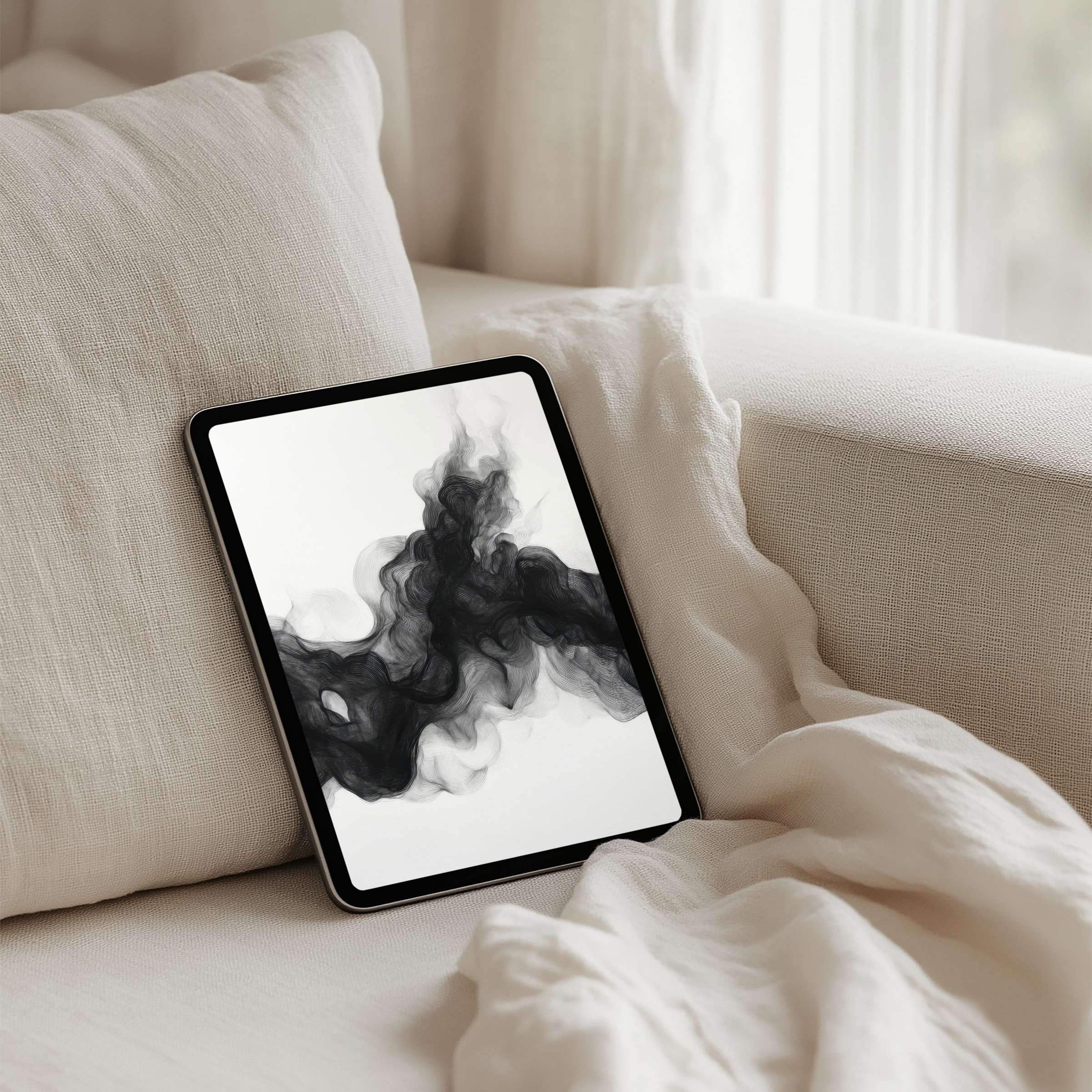 Elegant black ink art creates a calming iPad background for tablets, offering instant download for mindful aesthetics and inspiration