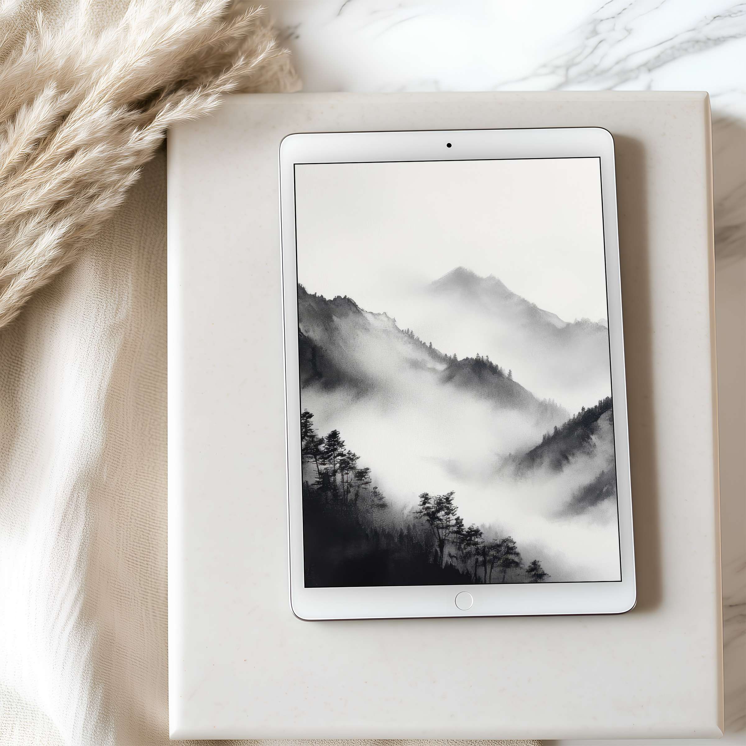 Elegant tablet wallpaper featuring soft grayscale mountain mist, perfect for high resolution iPad and Android download, inspiring serenity