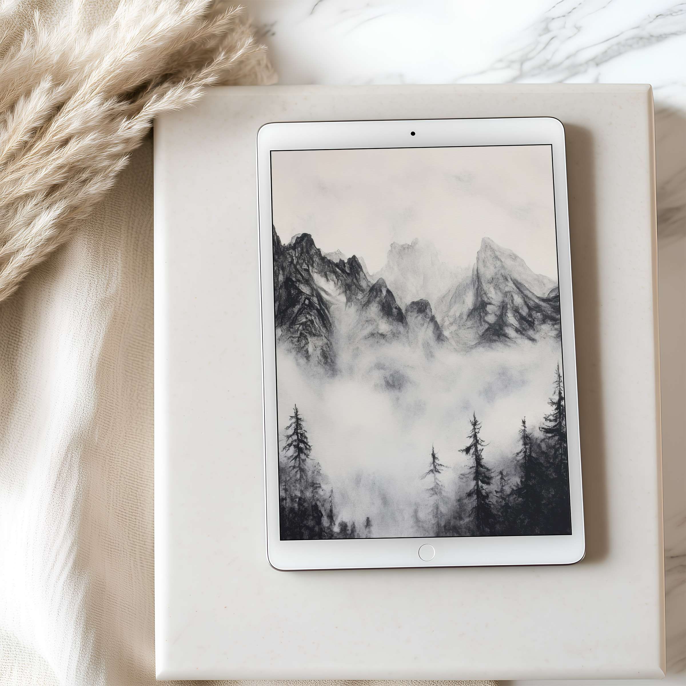 Elegant mountain mist tablet wallpaper for iPad, high resolution digital download blending tranquility with artistry in interior design