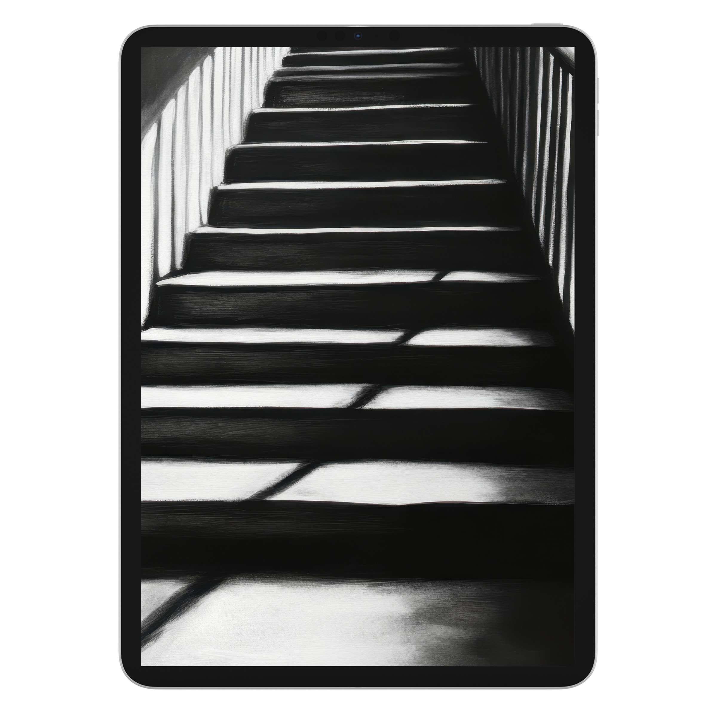 Elegant black and white iPad wallpaper features a serene staircase, offering a calm digital download background for tablets