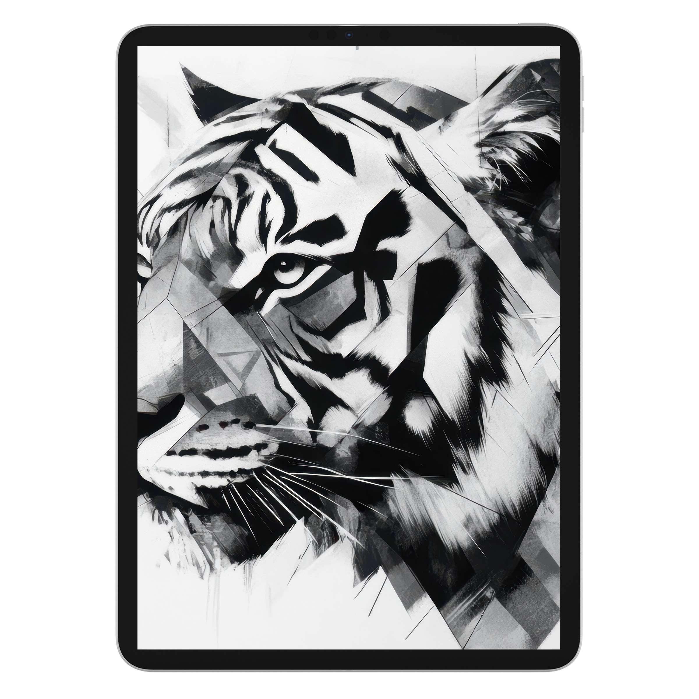 Elegant geometric tiger design in black and white iPad wallpaper enhances any tablet background with digital download tranquility