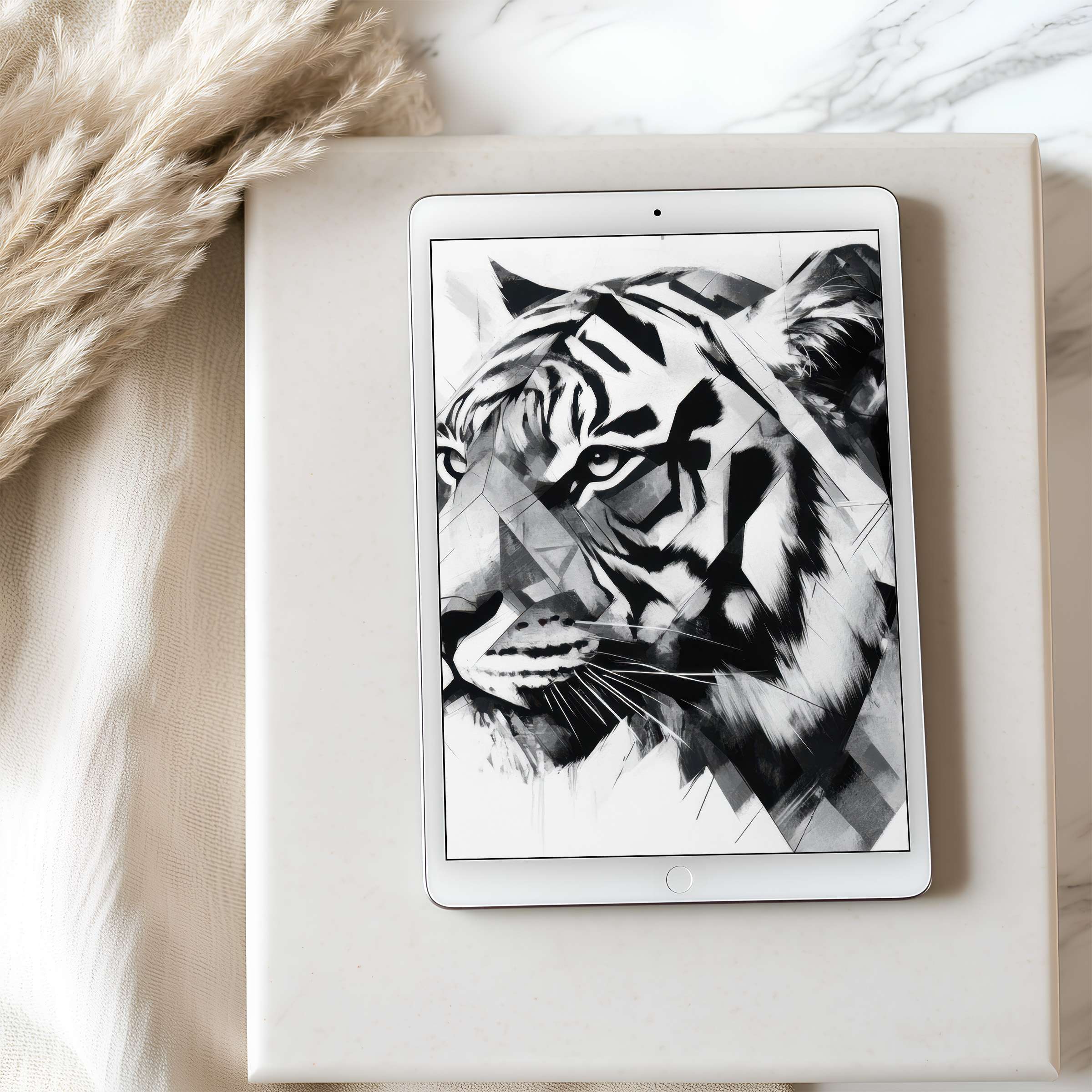 Elegant black-and-white digital tiger art as a tablet wallpaper exudes calm sophistication perfect for iPad high resolution download