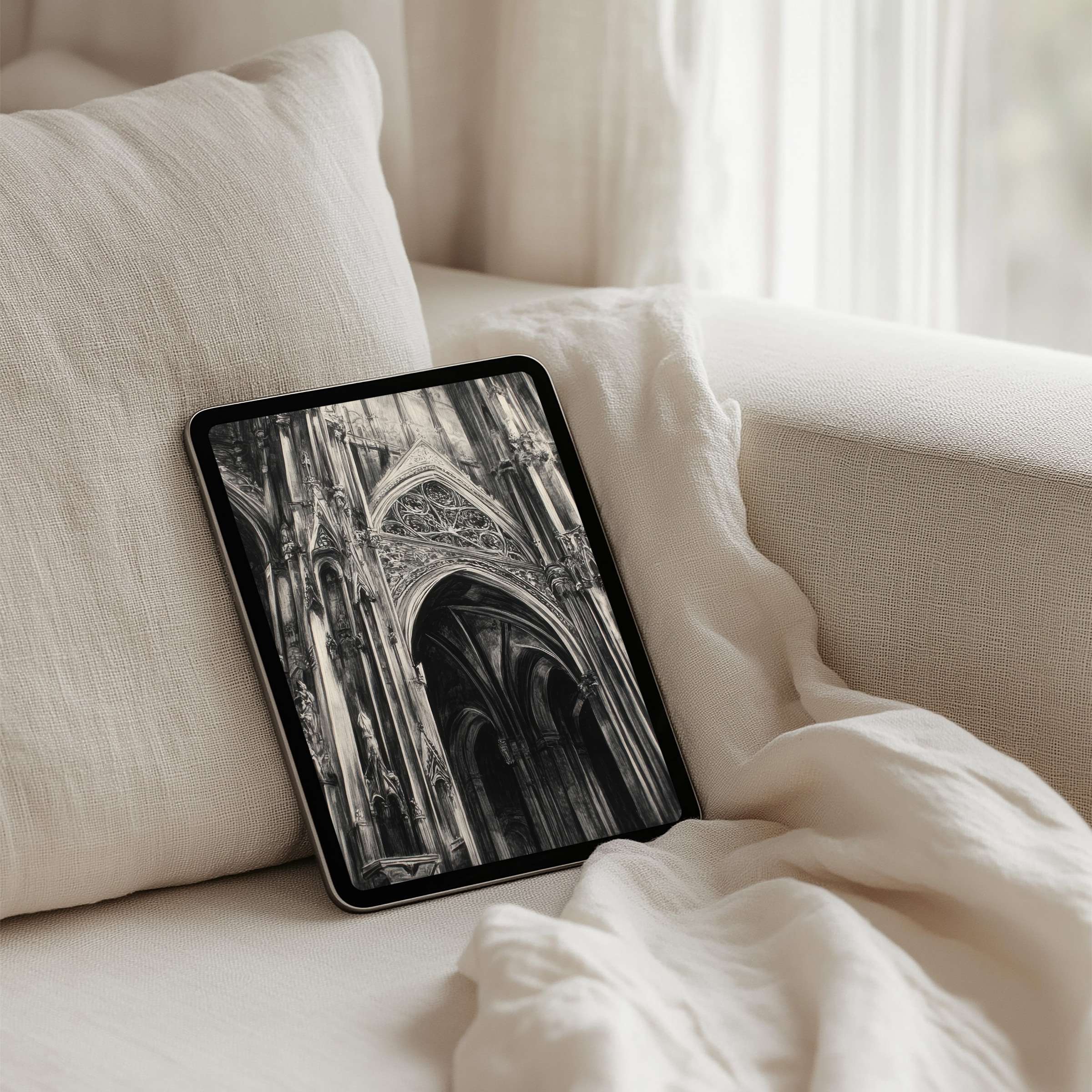 Elegant grayscale cathedral design for iPad background, perfect for tablets, brings calm, inspiration, instant download available