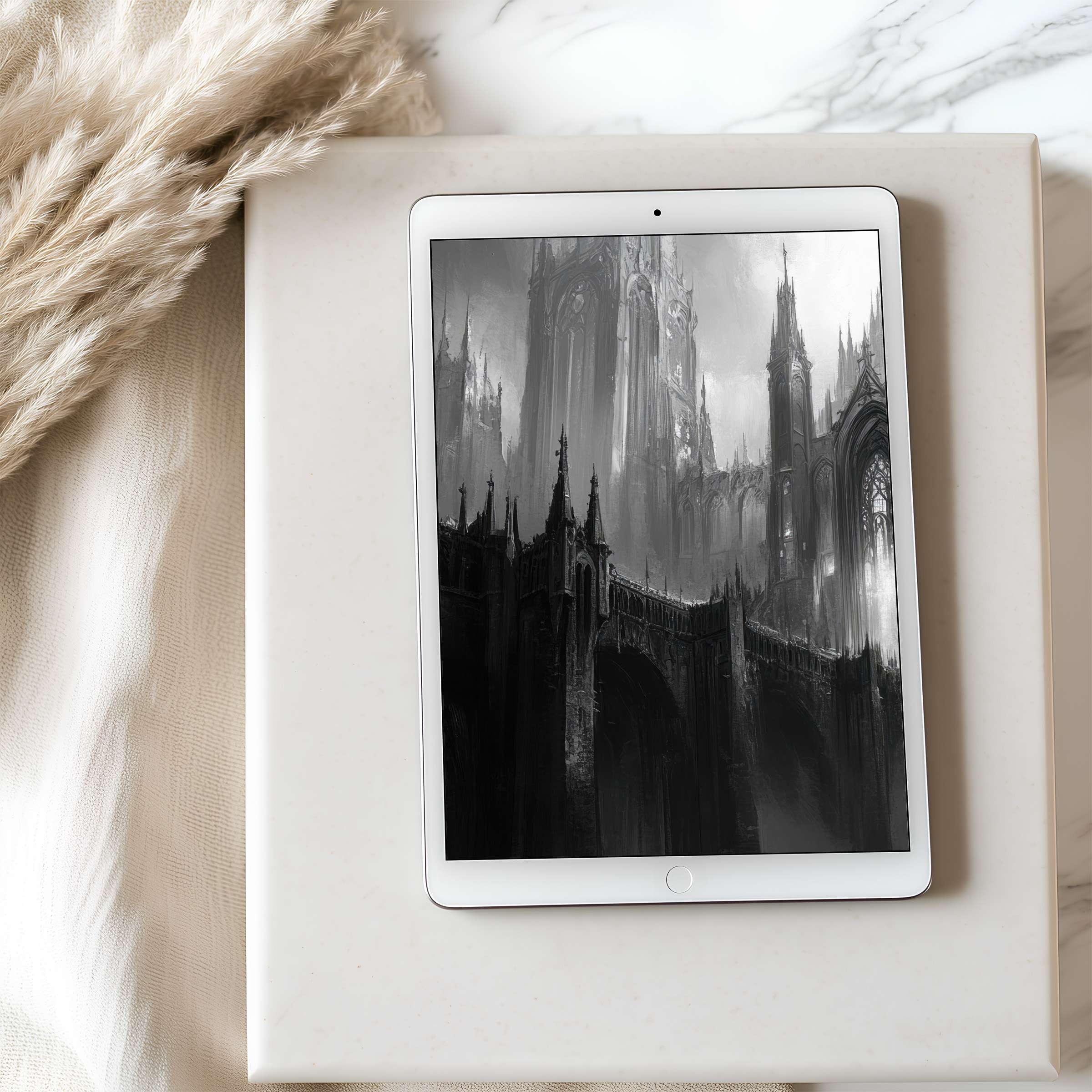 Gothic architecture in high-resolution grayscale adorns this tablet wallpaper, perfect for iPad and Android tablets, digital download suitable for a minimalist space