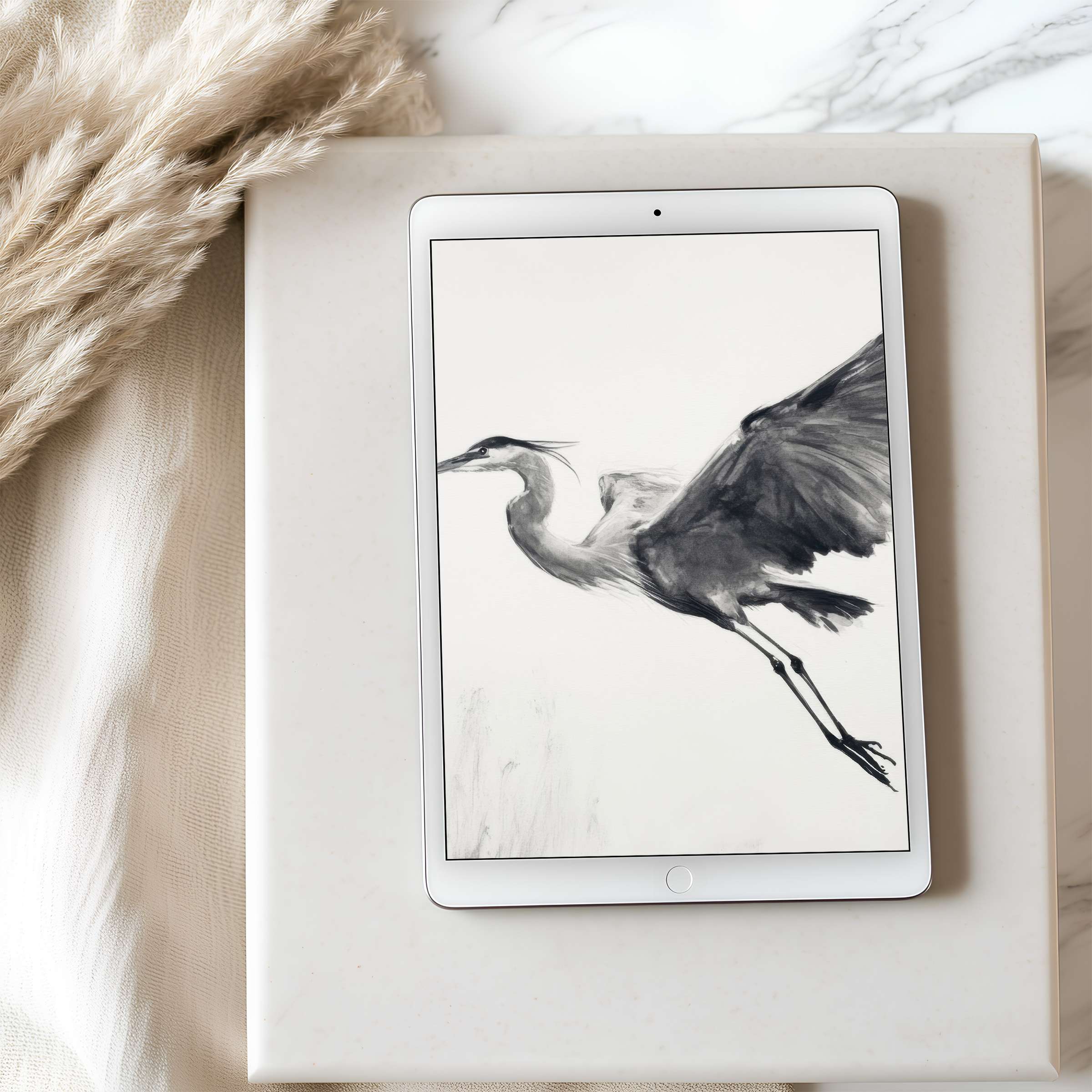 Elegant monochrome crane illustration on iPad tablet wallpaper blends high resolution artistry with calming, sustainable style for digital download